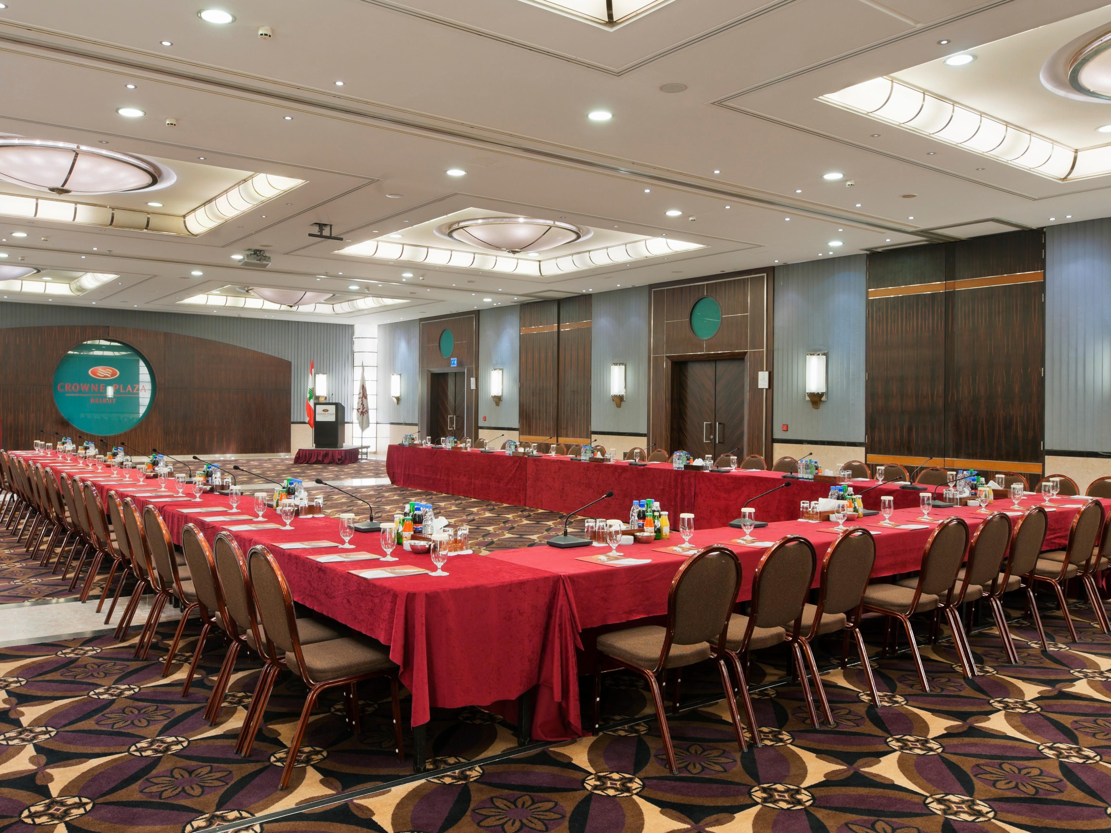 With 988 square meters of flexible function space, the Crowne Plaza Beirut is the perfect setting for your events, offering catering for groups from 10- 600 persons.
With 9 naturally Day lit meeting Rooms and a business center located on 1st floor, they are easily accessible from the parking lot with an external panoramic elevator.