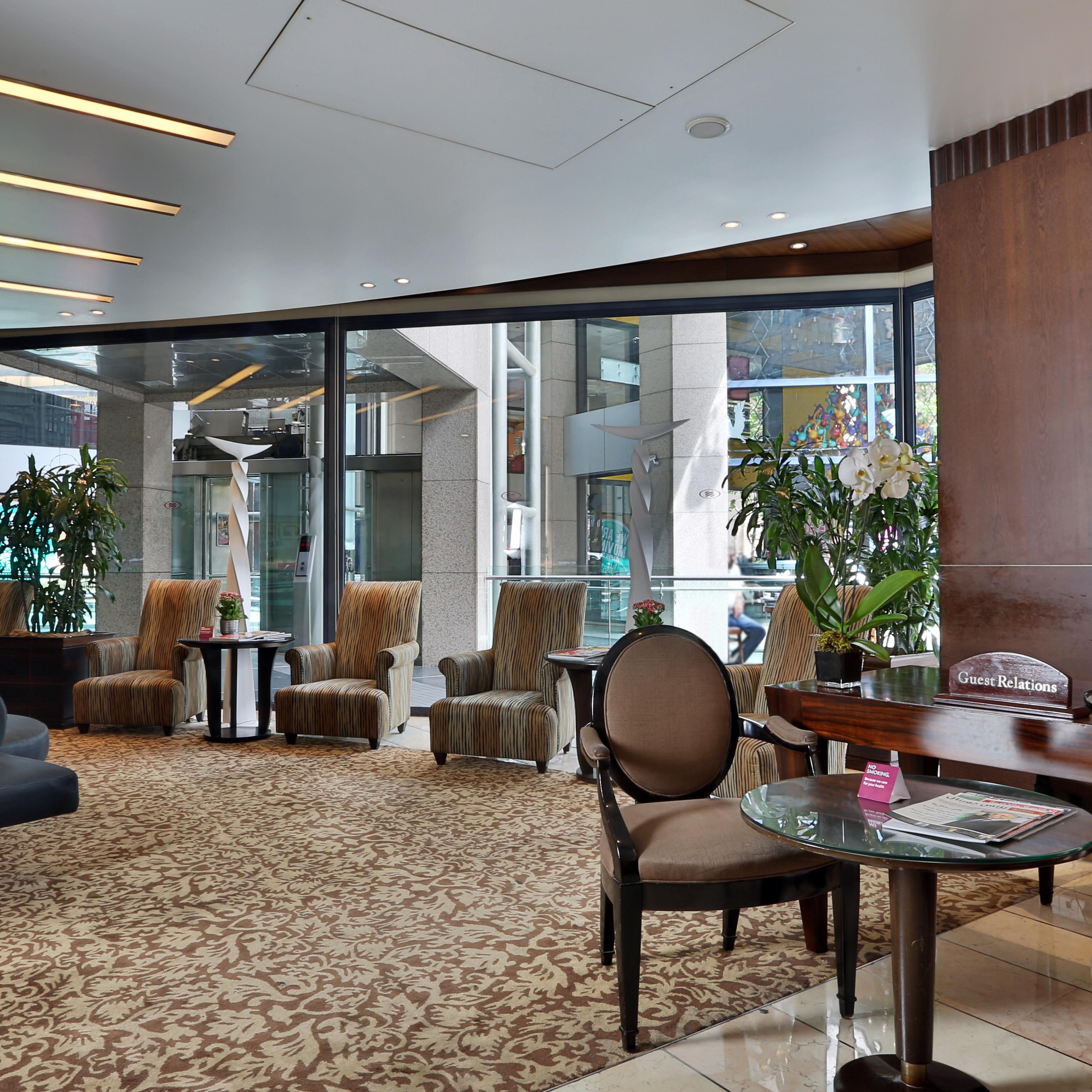 Spacious, daylighted lobby with the concierge at your services