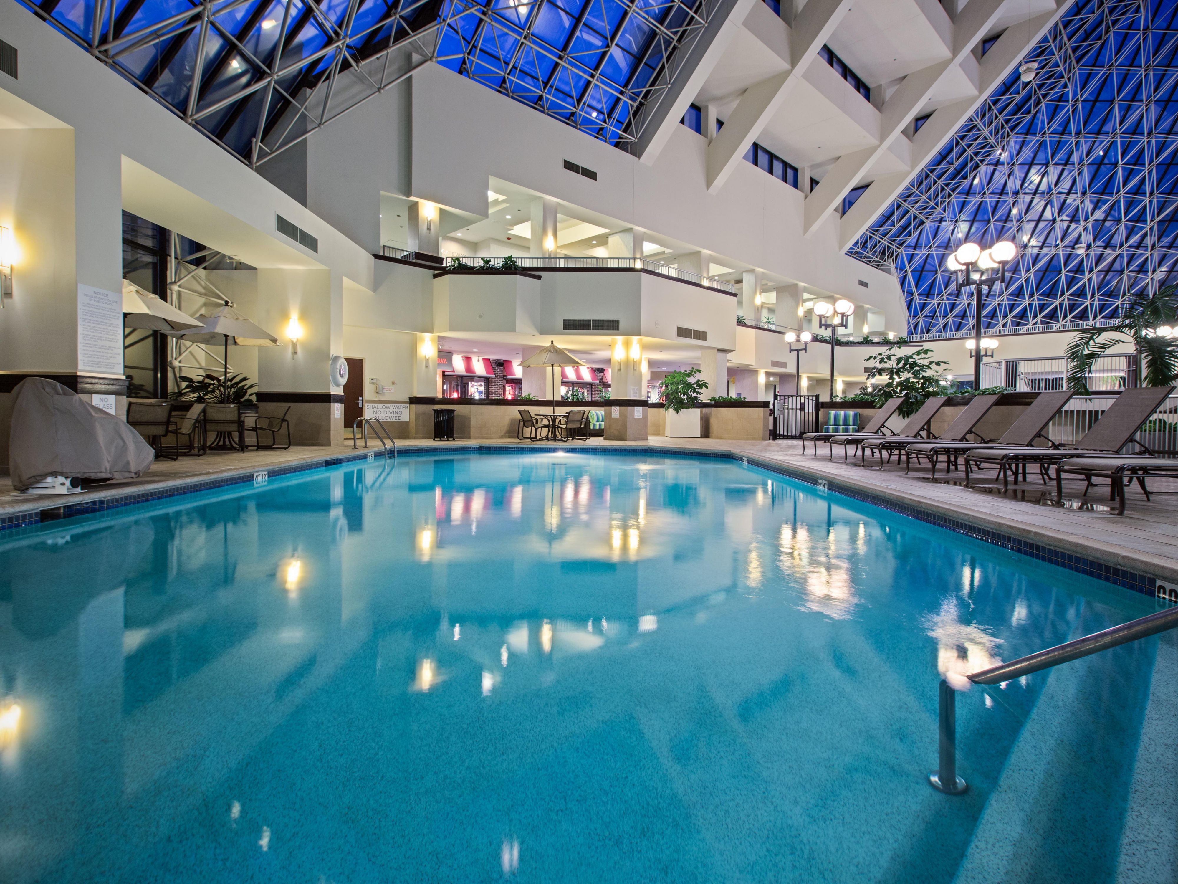 Relax and unwind at the Pool and Lobby Bar at Crowne Plaza® St. Louis Airport. Our indoor pool is perfect for a refreshing swim or a relaxing soak in the hot tub. Grab a drink at the bar and enjoy the ambiance of our open lobby atrium. It's the perfect place to relax after a long day.