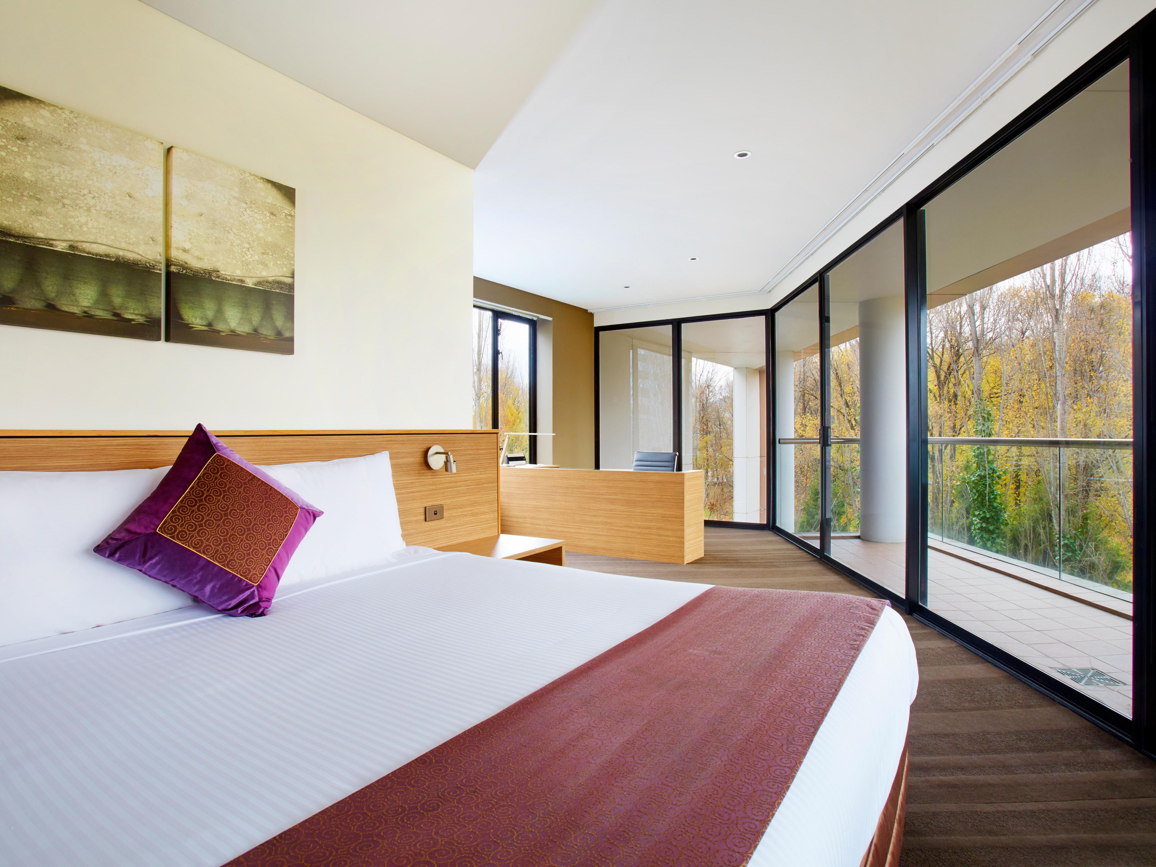 Our Deluxe Suites offer spacious apartment-style accommodation in Canberra city, featuring a balcony with views across Glebe Park.

Ranging in size from 59 to 96 square metres, our Deluxe Suites ensure a comfortable stay with these roomy suites allow you to relax in comfort with a separate living area and a small kitchenette.