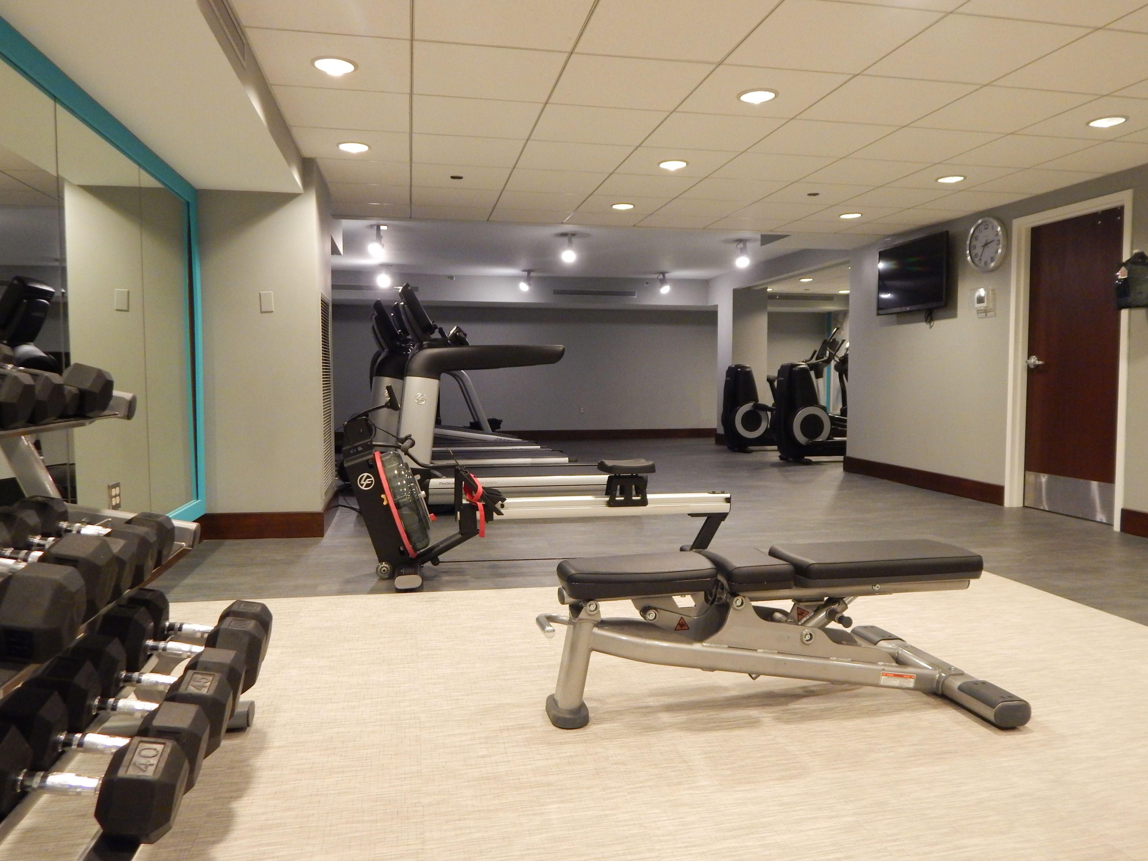 Elipticals, free weights, treadmills, and bands available