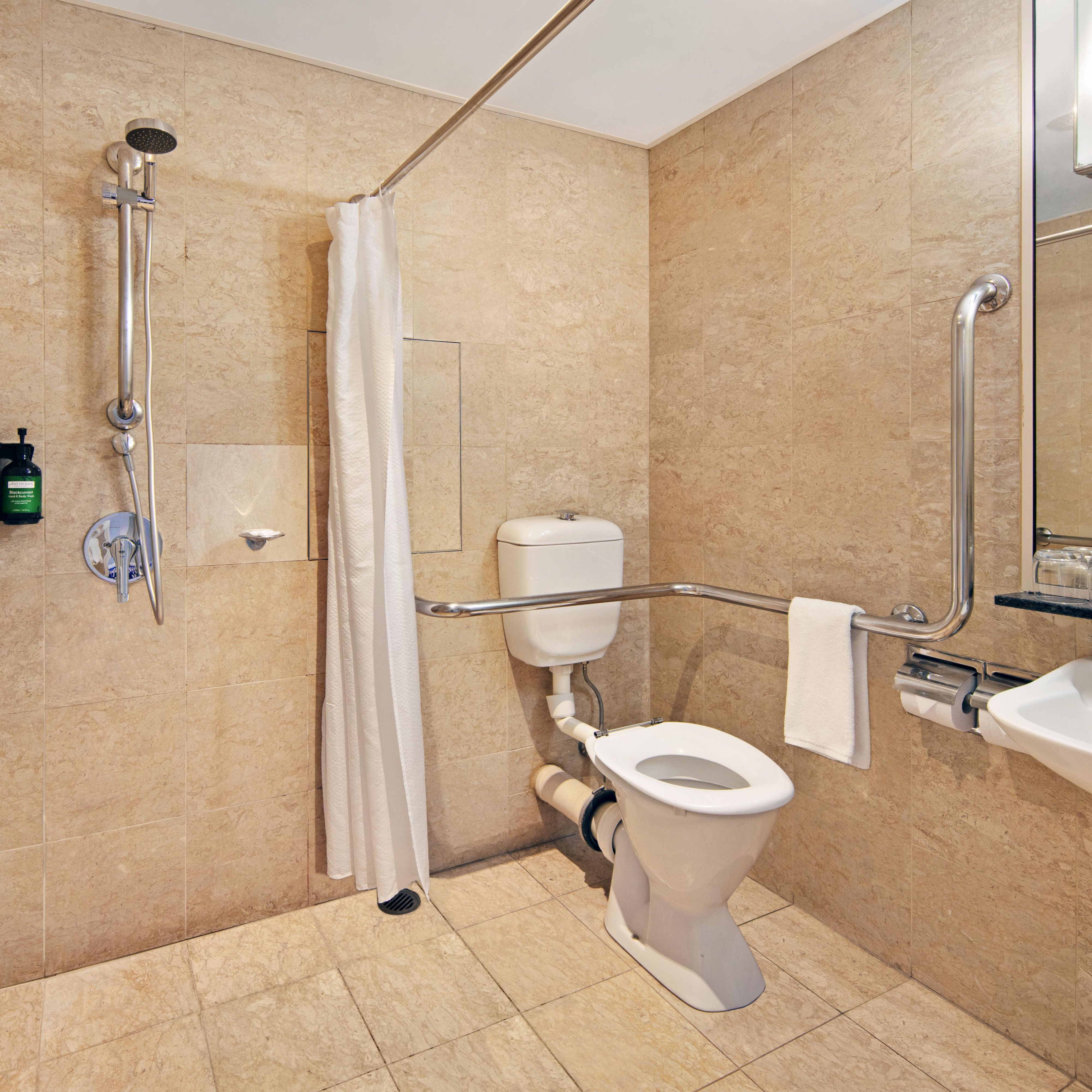 Wheelchair Accessible Bathroom with roll in shower and hand rails