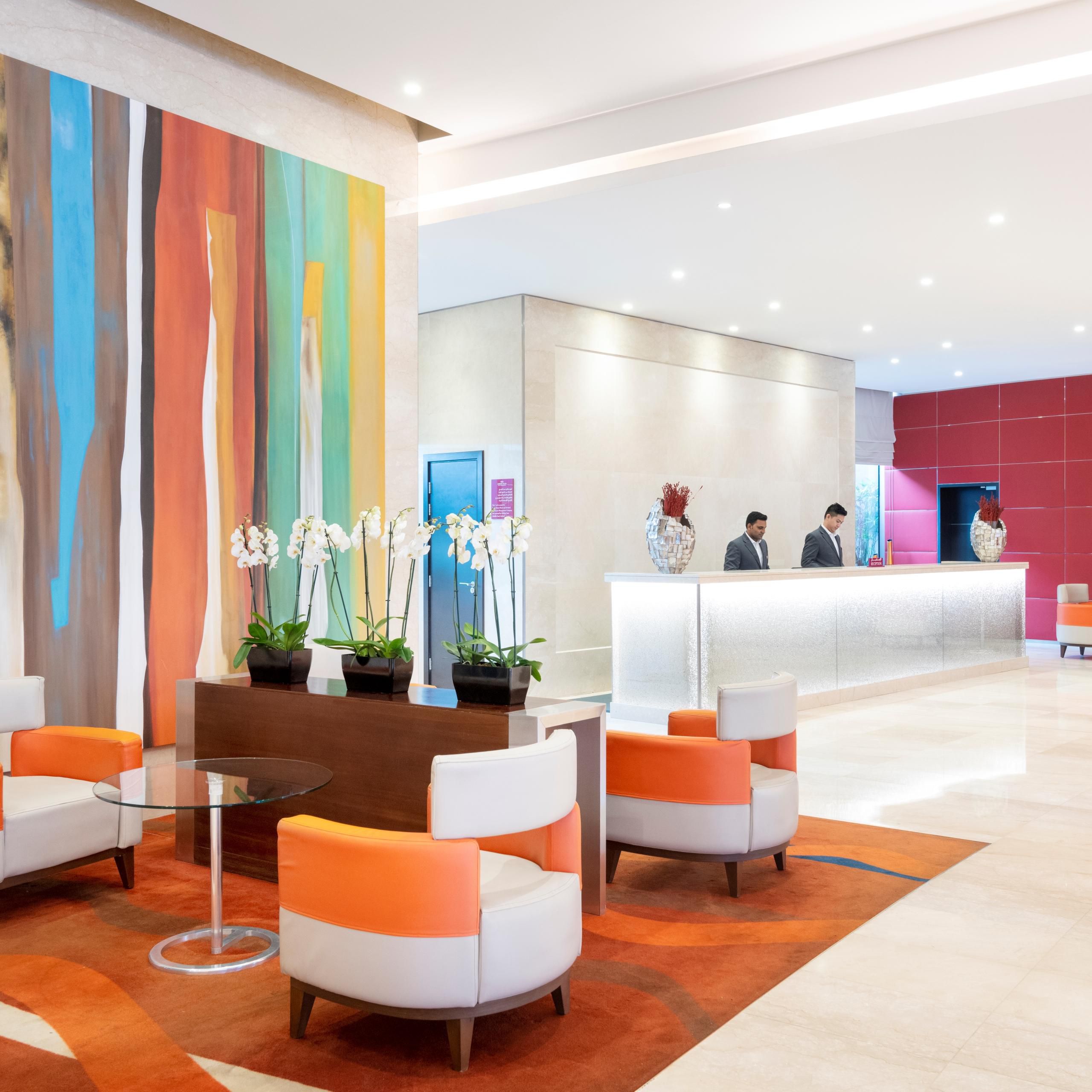Bright and colorful, our lobby is a refreshing place to meet in.