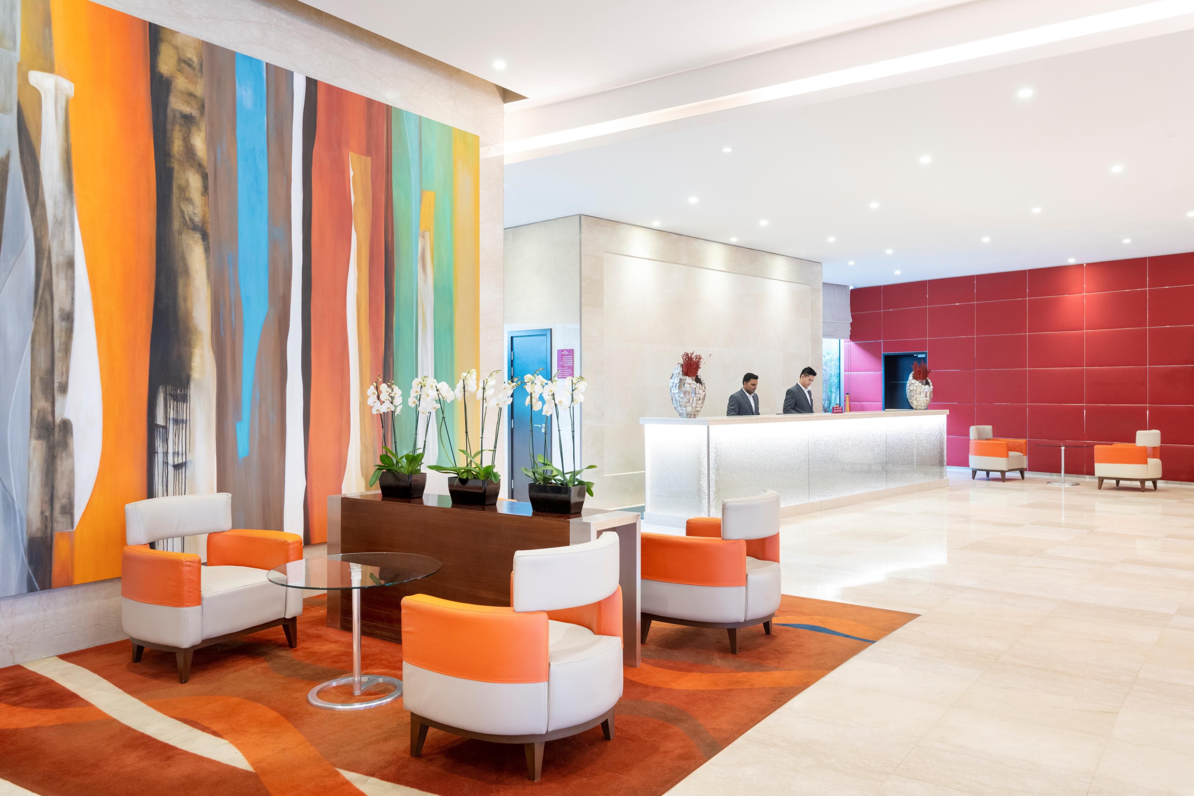 Bright and colorful, our lobby is a refreshing place to meet in.
