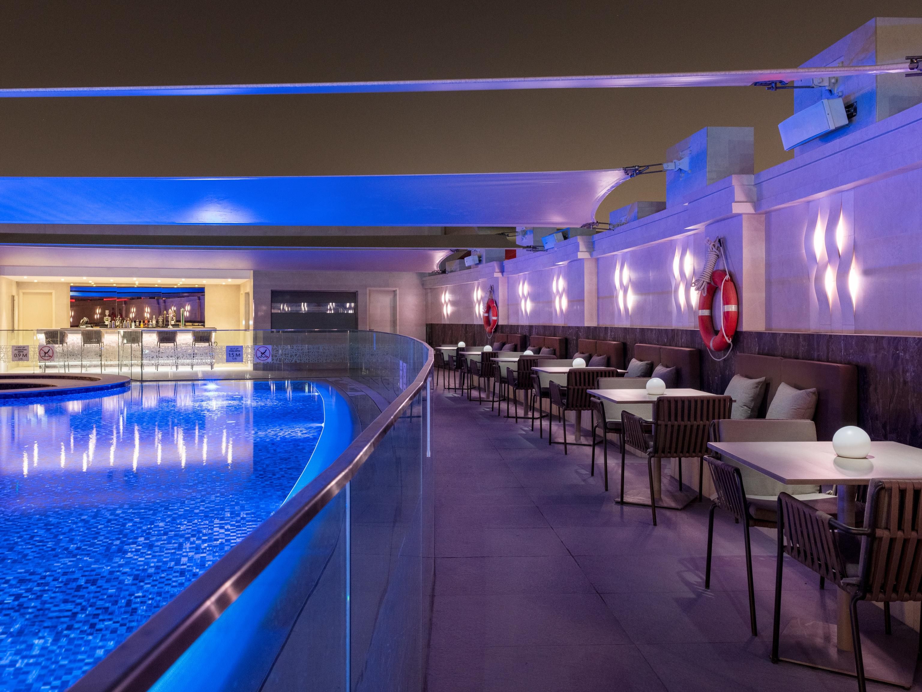 Take a dip in our rooftop swimming pool and open-air hot tub. Food and drinks are served in Liquidity, our poolside restaurant.