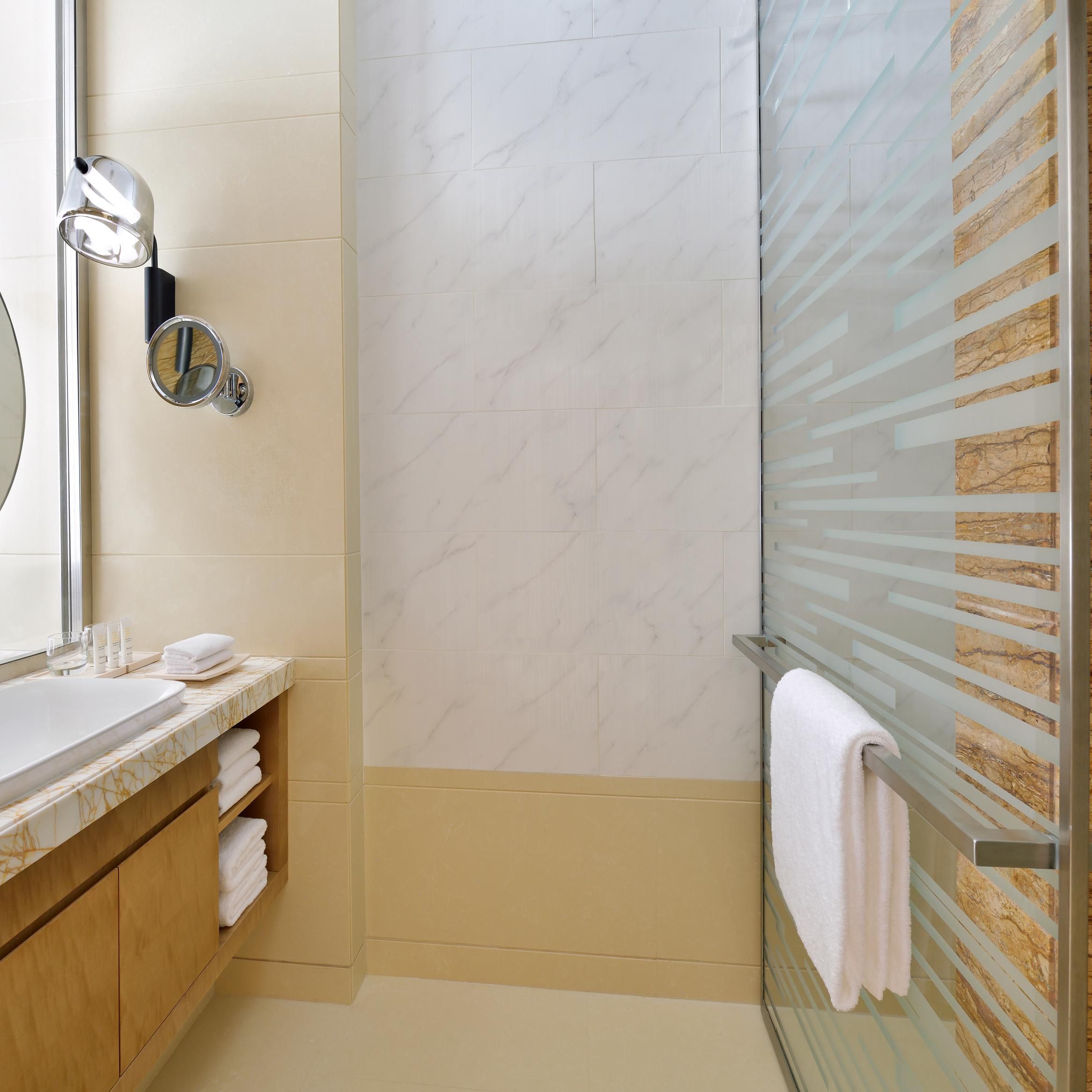 Functional modern bathroom big mirror, toiletries and clean towels
