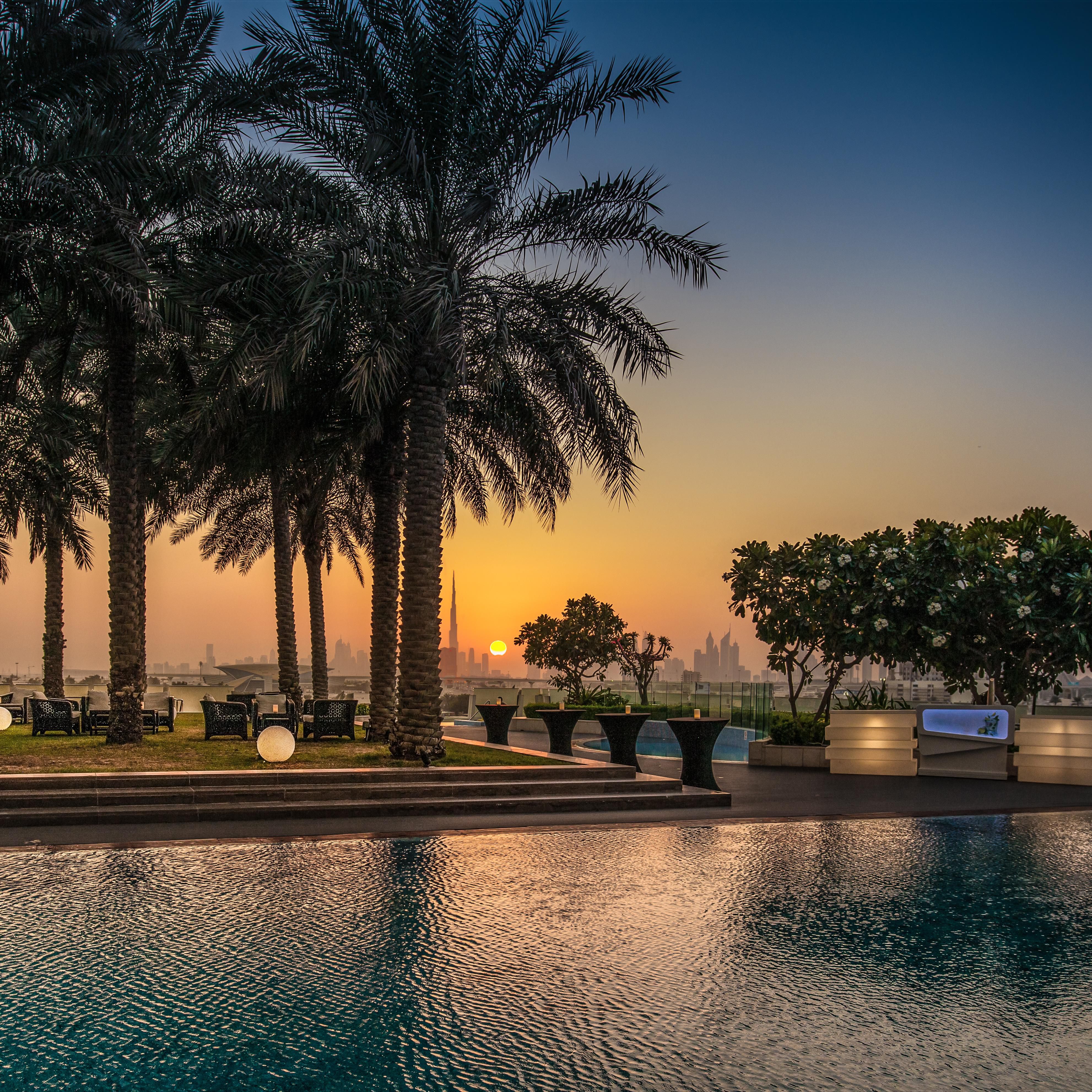 Enjoy great Dubai skyline sunset views from 25 meter pool