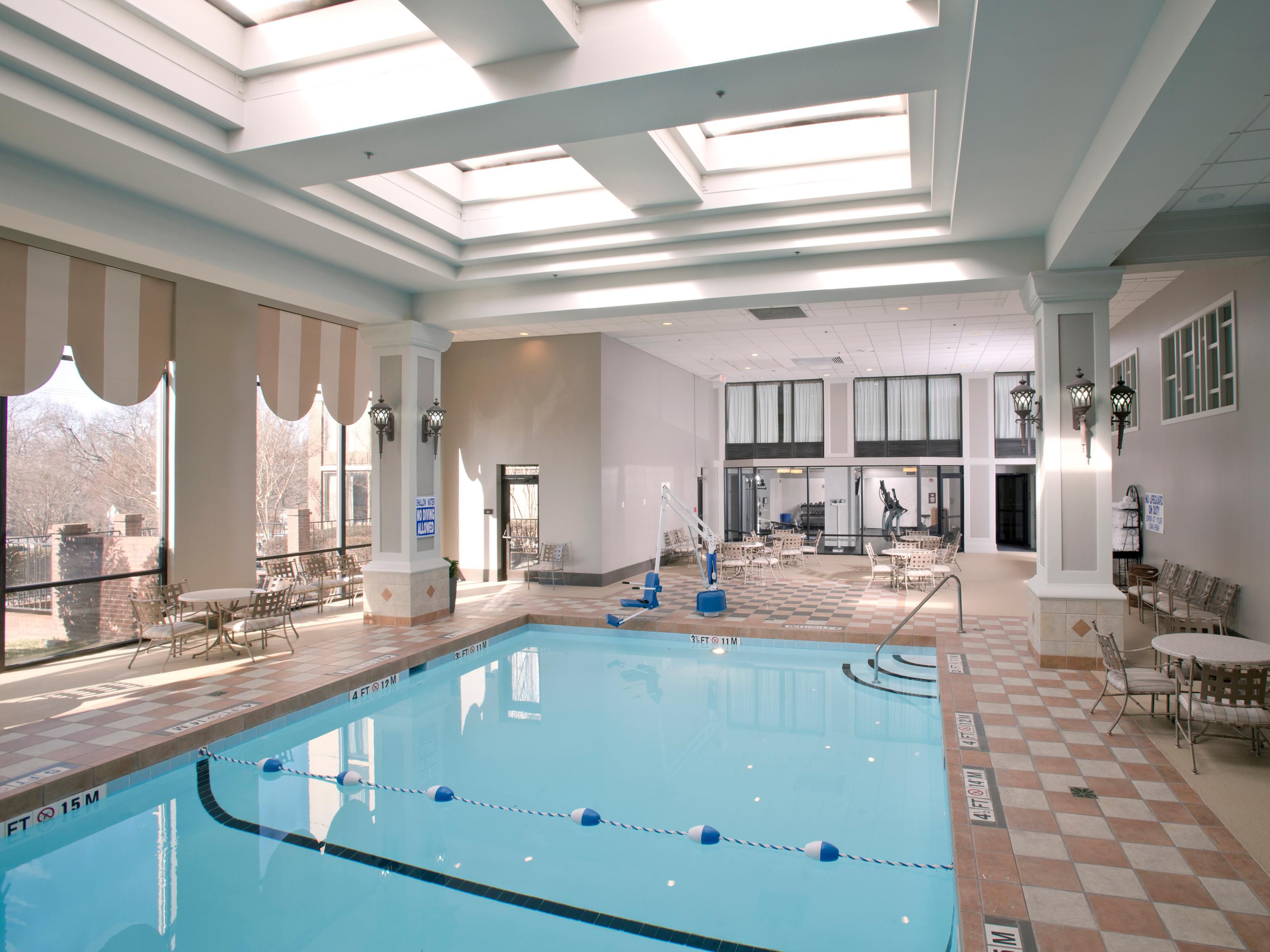 Make your way to our hotel's 24/7 Fitness Center to stay on top of your workout regime while traveling. Our gym is fully equipped and features ellipticals, treadmills, stationary bikes, and free weights. Our hotel also has a wonderful heated indoor saltwater pool where you can take a refreshing dip after a full-body workout.