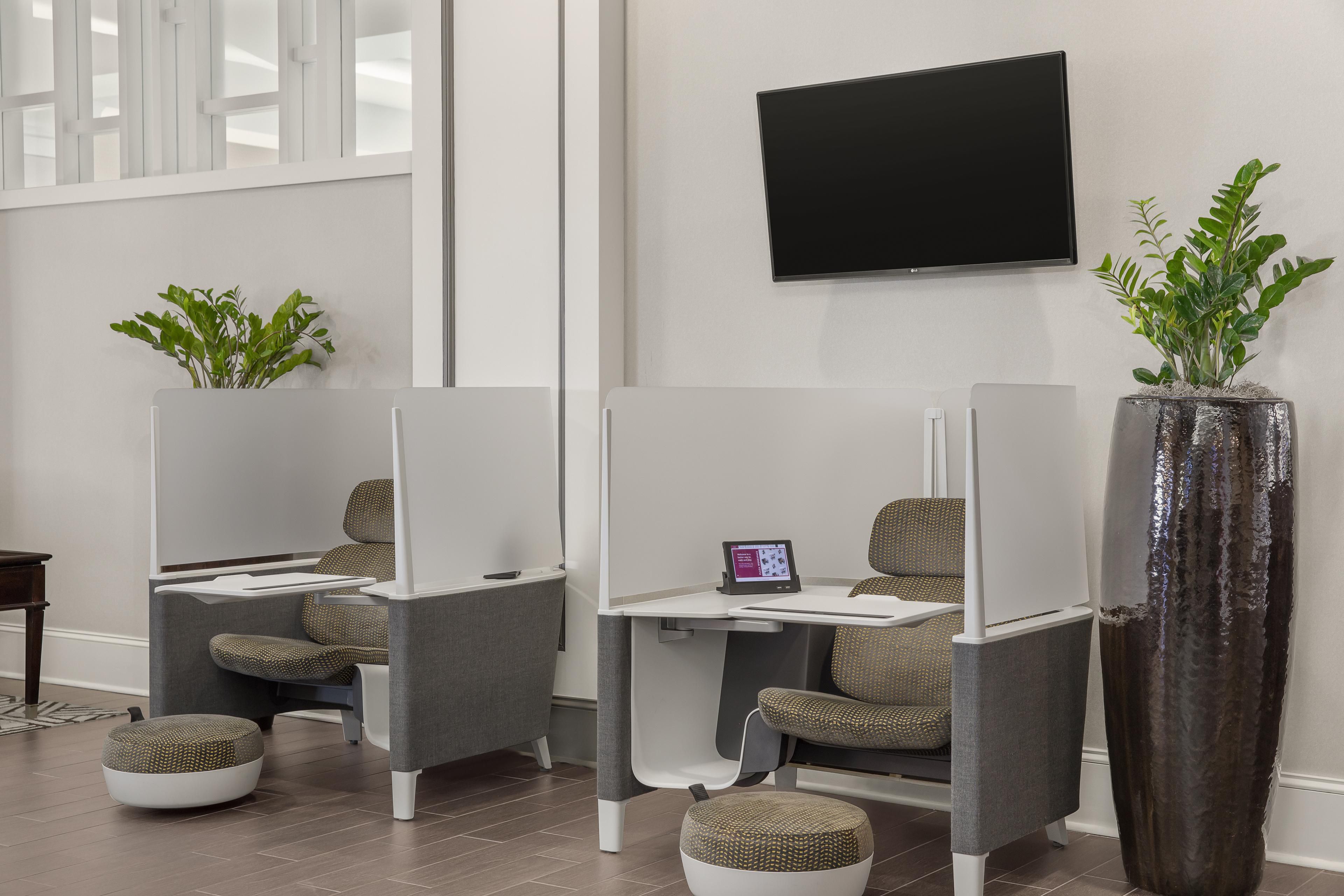 Private workspace with USB chargers for completing those tasks