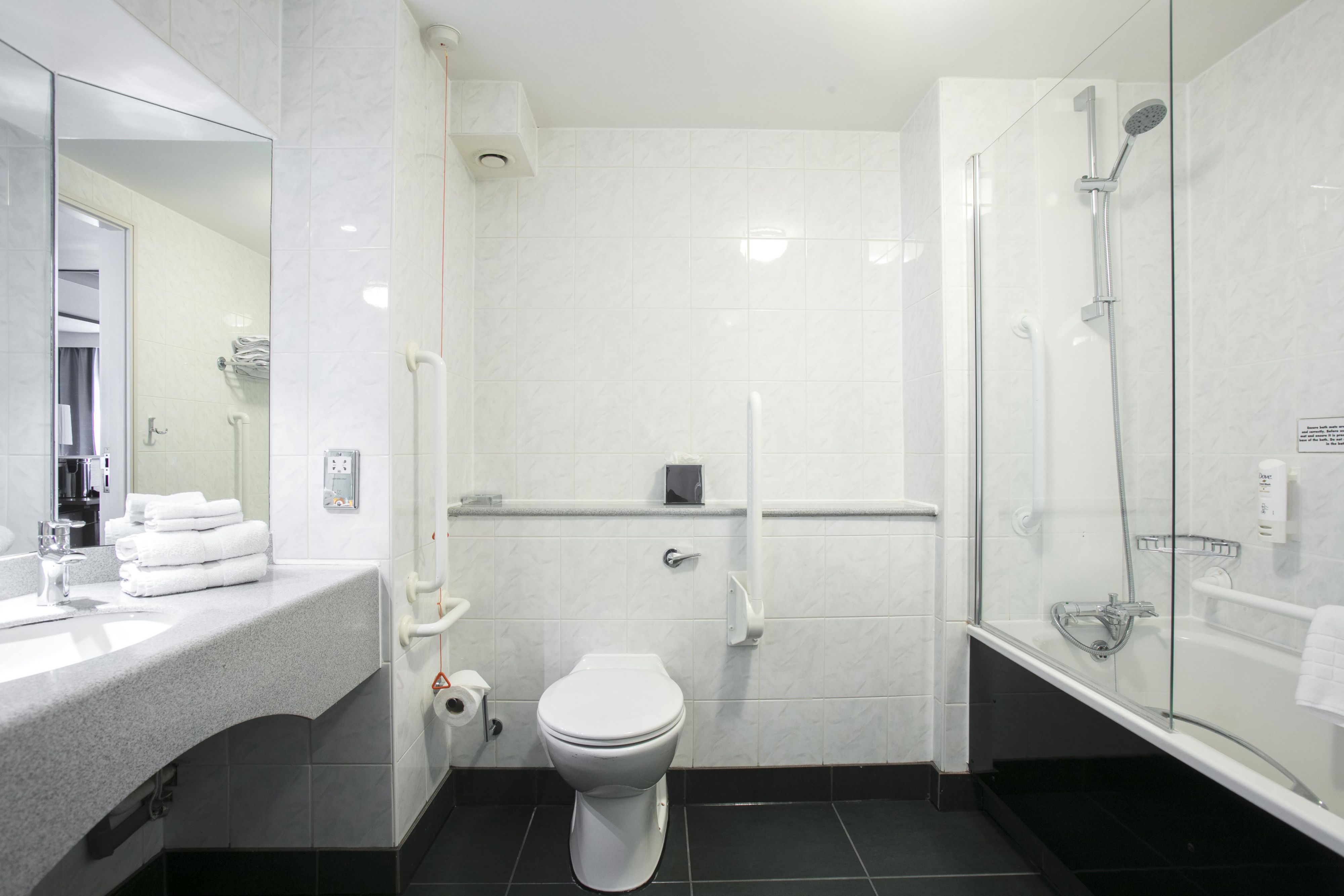 Accessible Room Bathroom, with grab rails.