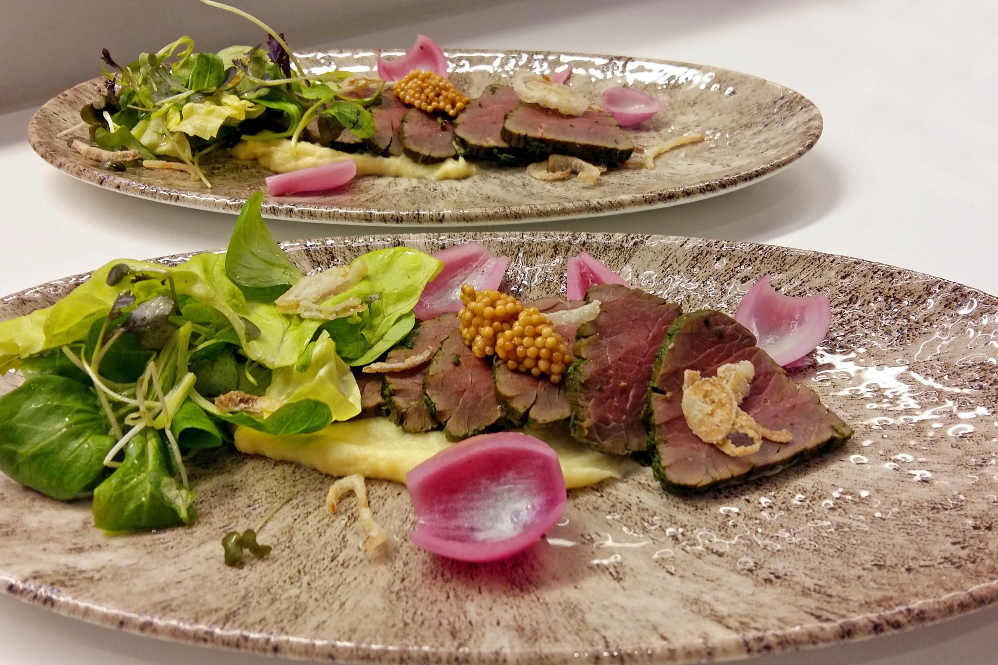 Reindeer pastrami, parsnip puree, pickled red onion with herbs