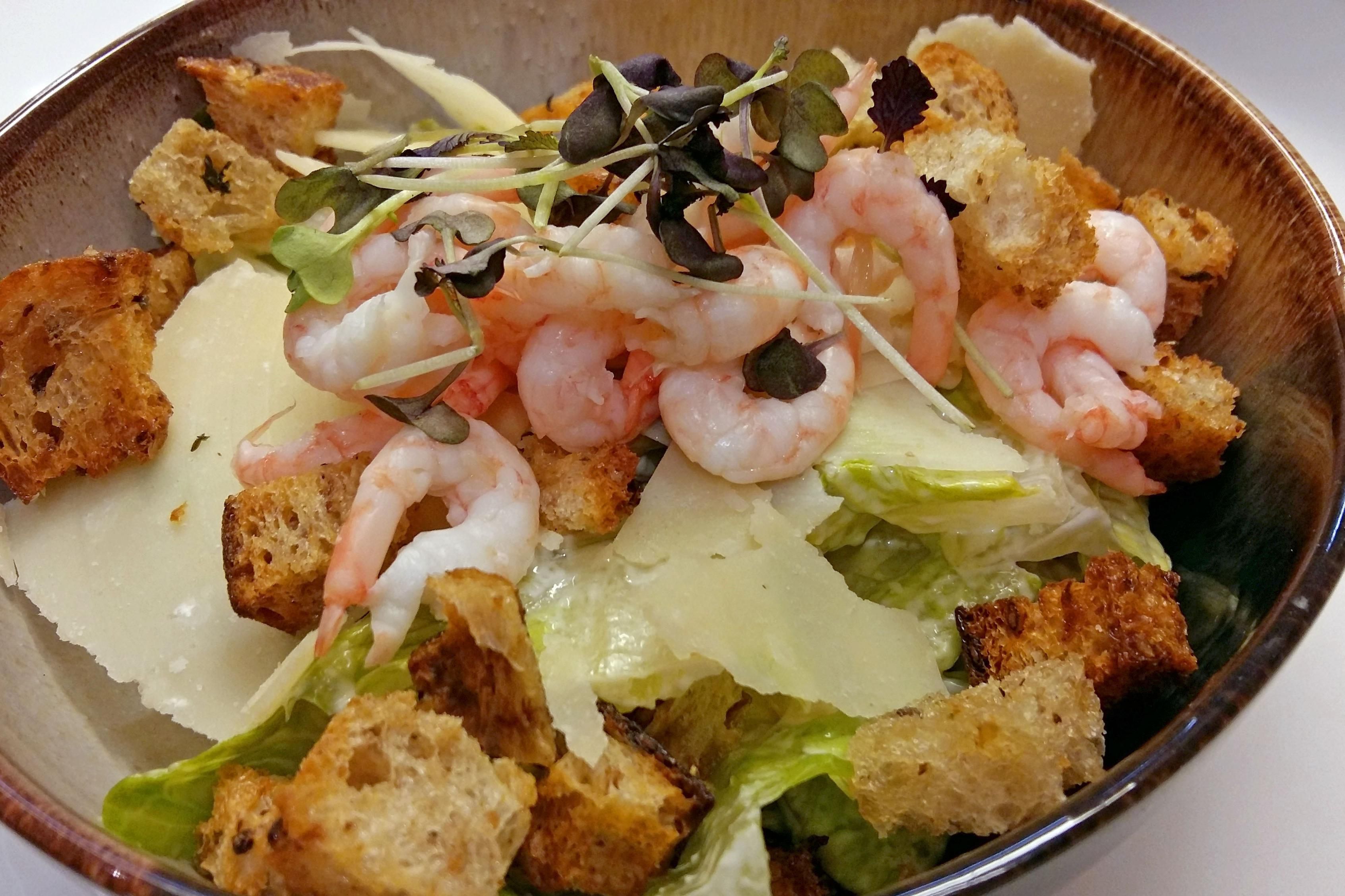 Caesar bowl with hand-peeled shrimps