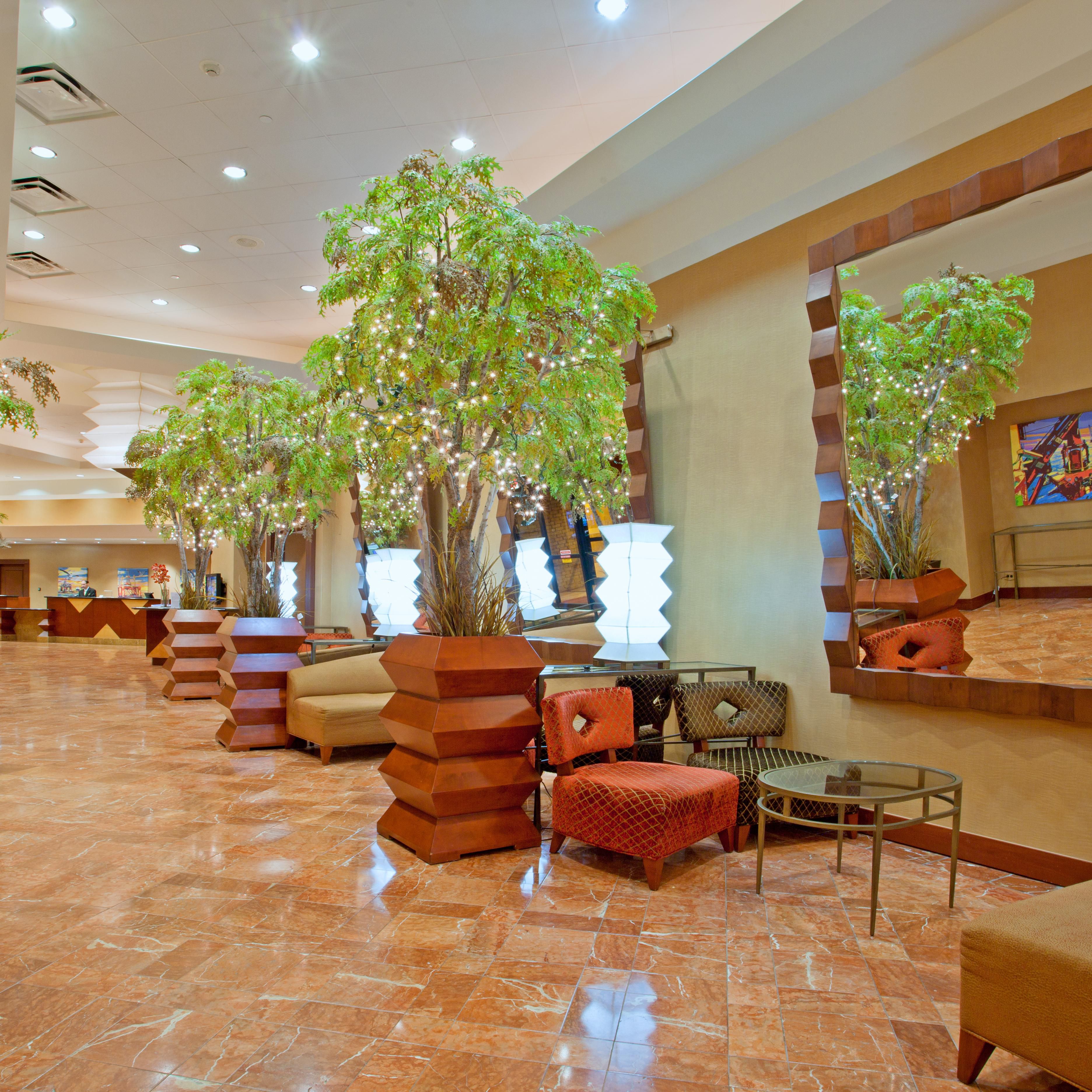 Relax in our comfortable lobby before a concert at Toyota Center.