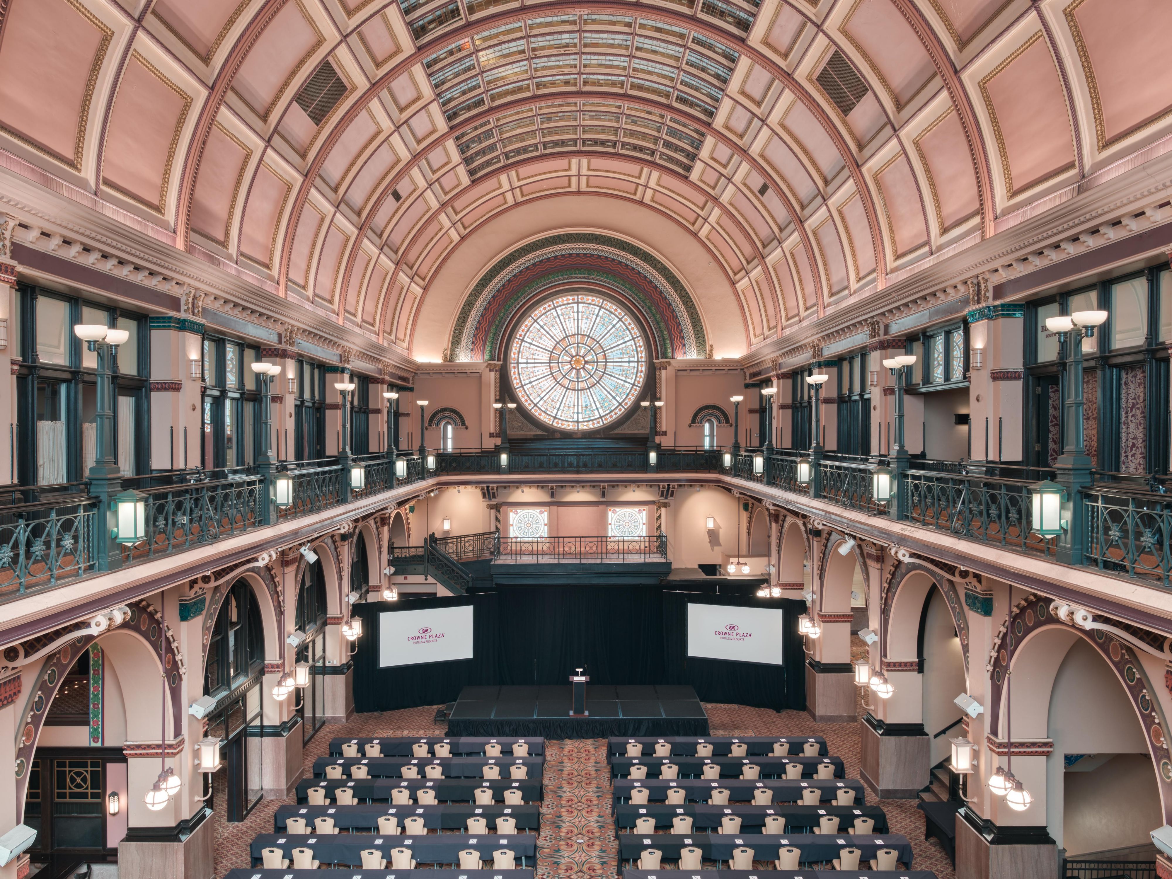 The hotel offers 55,000 square feet of unparalleled meeting space including historic Grand Hall, America's First Union Station. All meeting space offers high-speed wireless Internet access on a complimentary basis as well as an experienced on-site audio visual department.  It is so much more than a meeting at the Crowne Plaza Indianapolis Downtown.