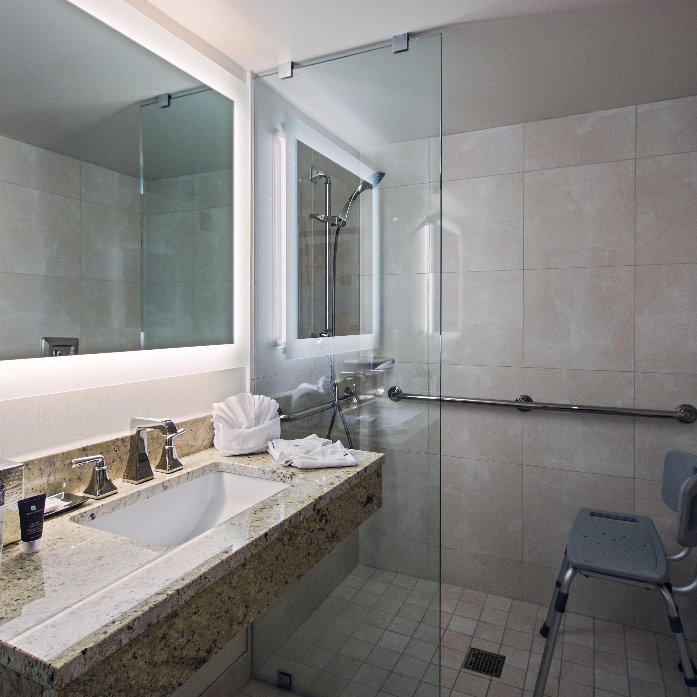Up-to-Date ADA Accessible Guest Bathroom with Roll-in Shower