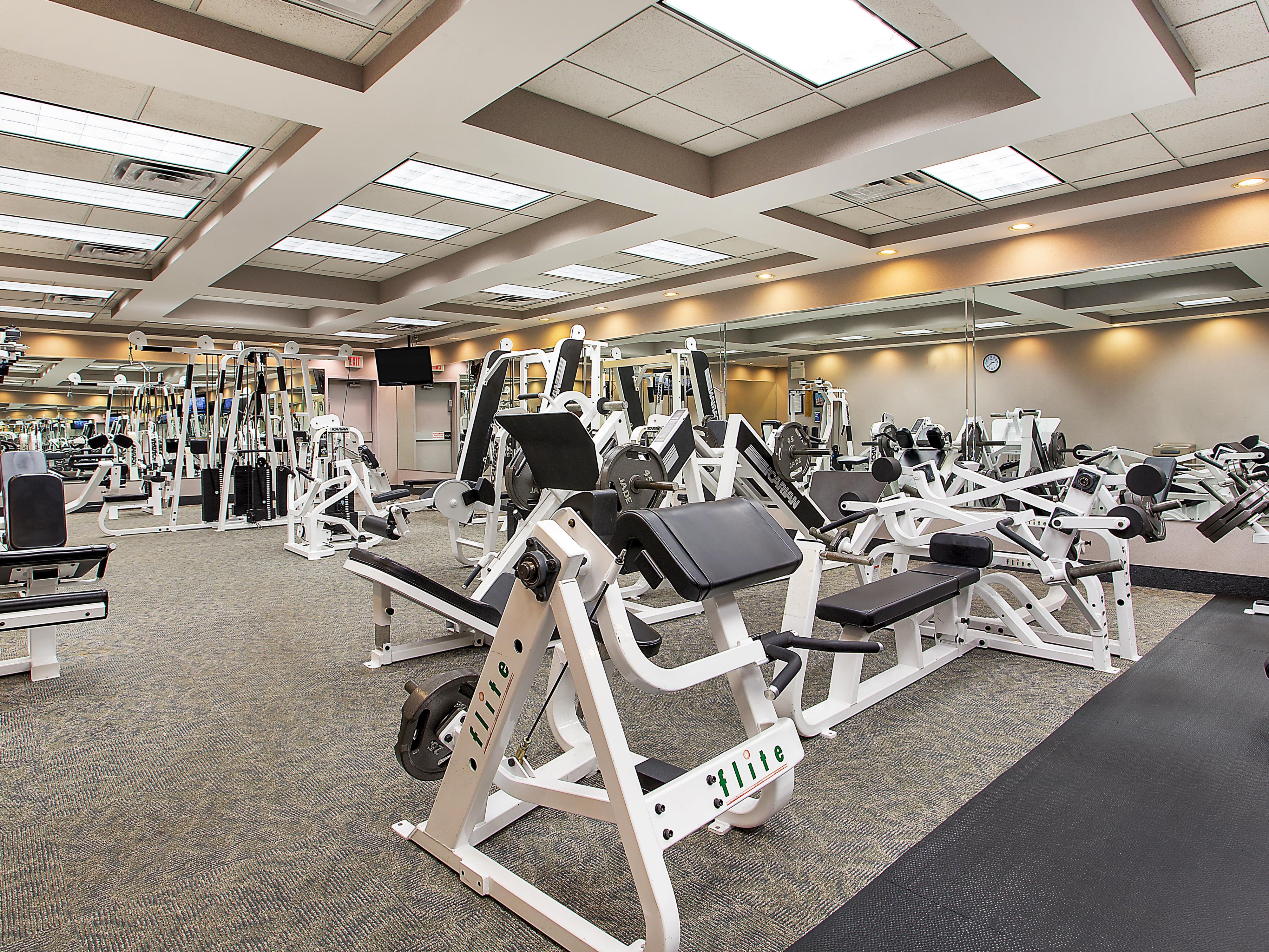 Visit our fitness center to get in a productive workout while on the road. Our two-story gym is open 24/7 and features HD LCD televisions throughout. Fitness equipment includes a Peloton bike, ellipticals, treadmills, stair climbers, and rowing machines, as well as weight machines. Swimmers can also log a few laps in our heated indoor pool.

