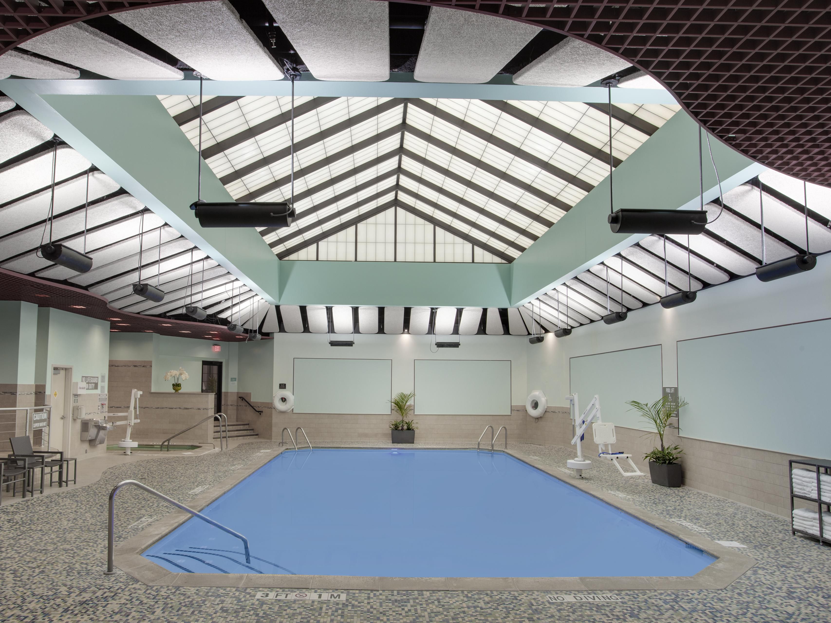 Splash in our heated indoor pool or push your limits in our fitness center anytime from 5:00 AM to 11:00 PM. Our hot tub and pool both feature an ADA lift. Our fitness center comes stocked with free weights, treadmills, elliptical machines, stationary bikes, and yoga mats and balls. 
