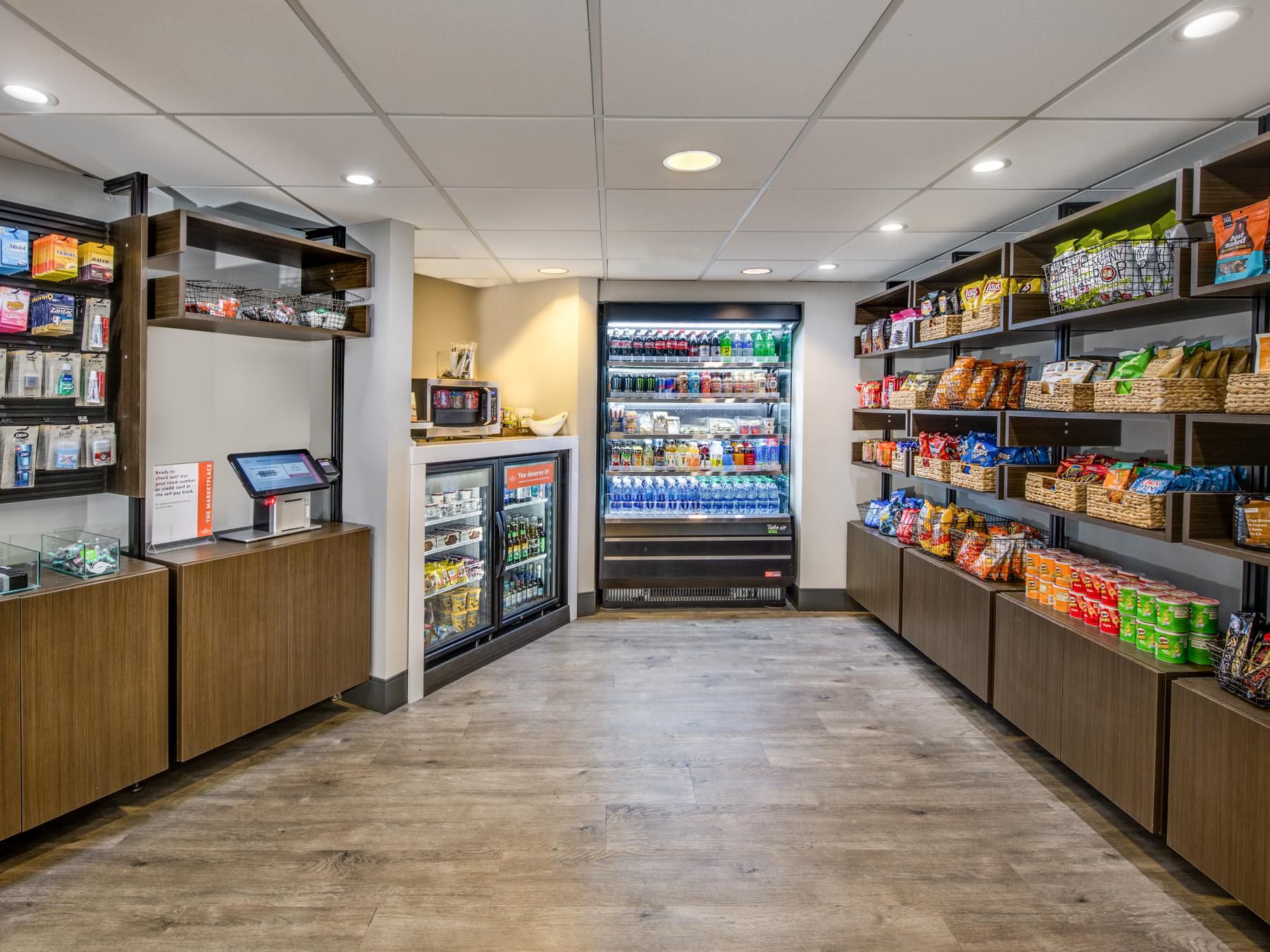 Marketplace with snacks, fruit, drinks and more.