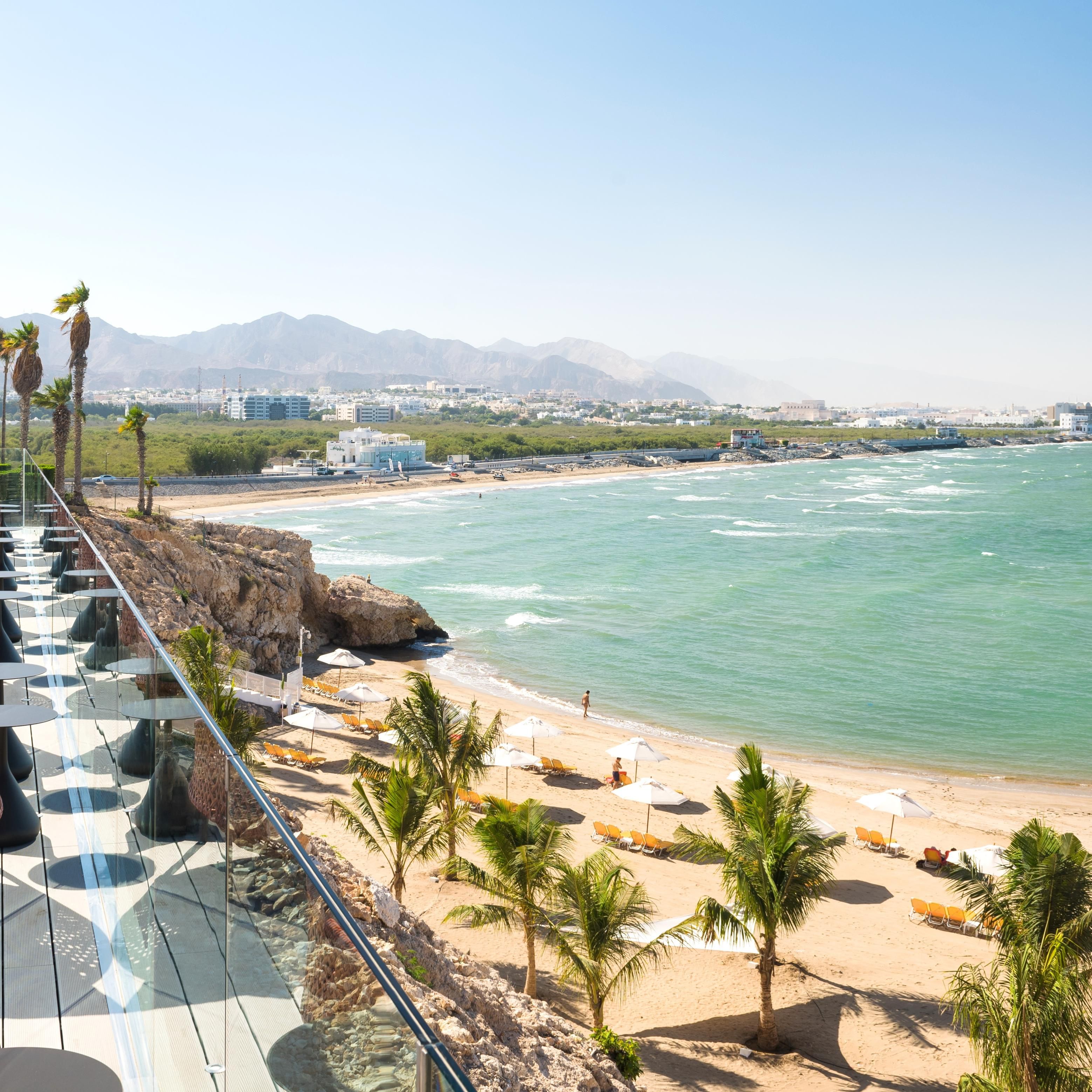 Views of the private beach and corniche from The Edge Restaurant