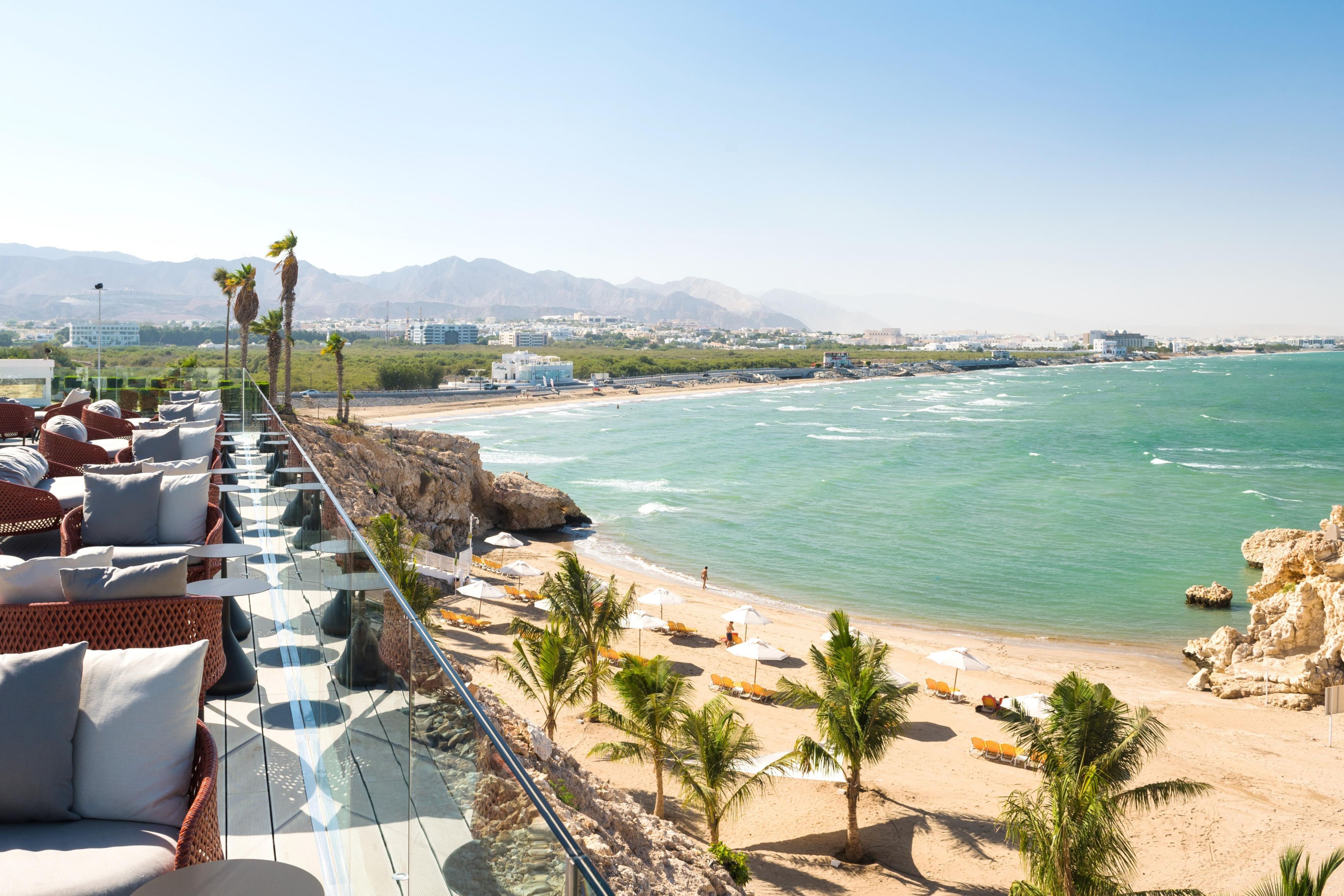 Views of the private beach and corniche from The Edge Restaurant