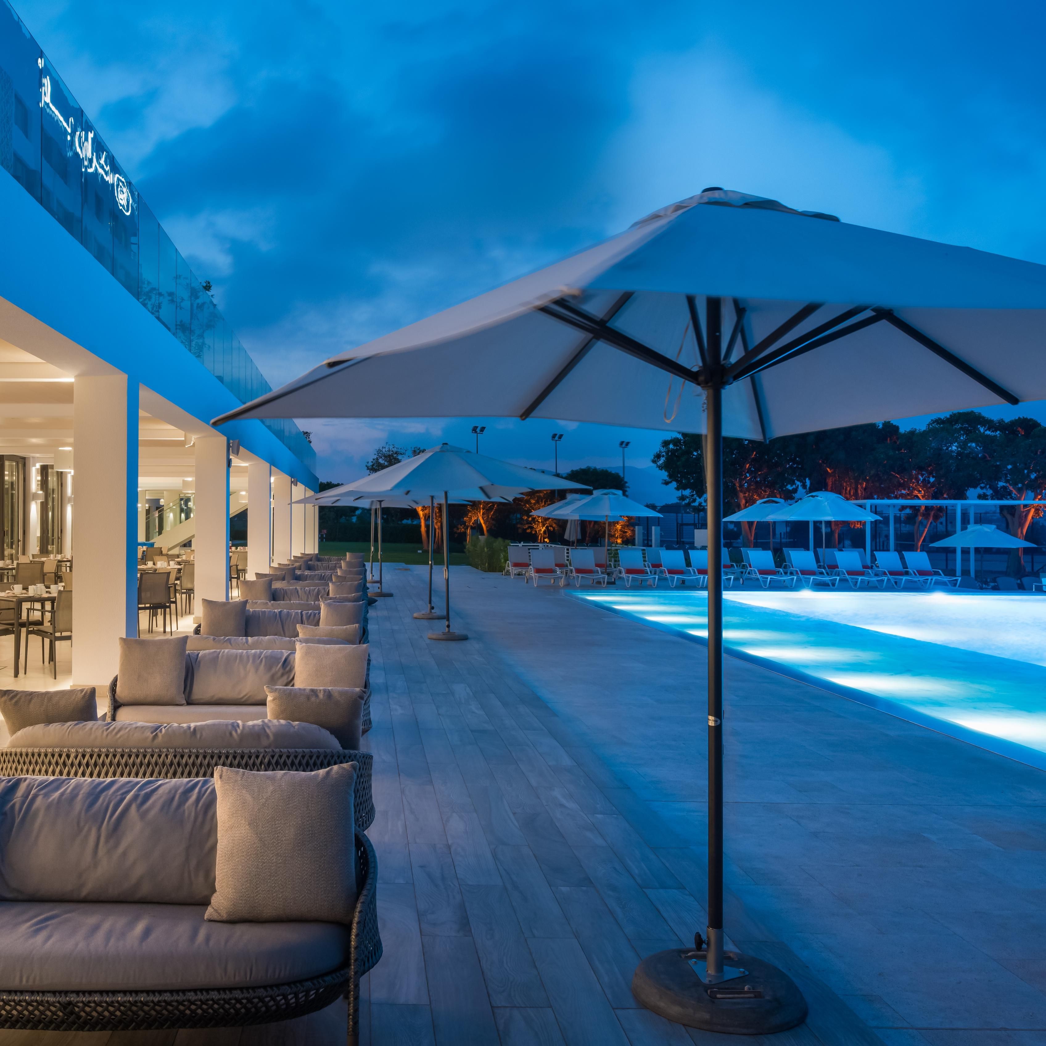 Stunning pool side terrace in the evening