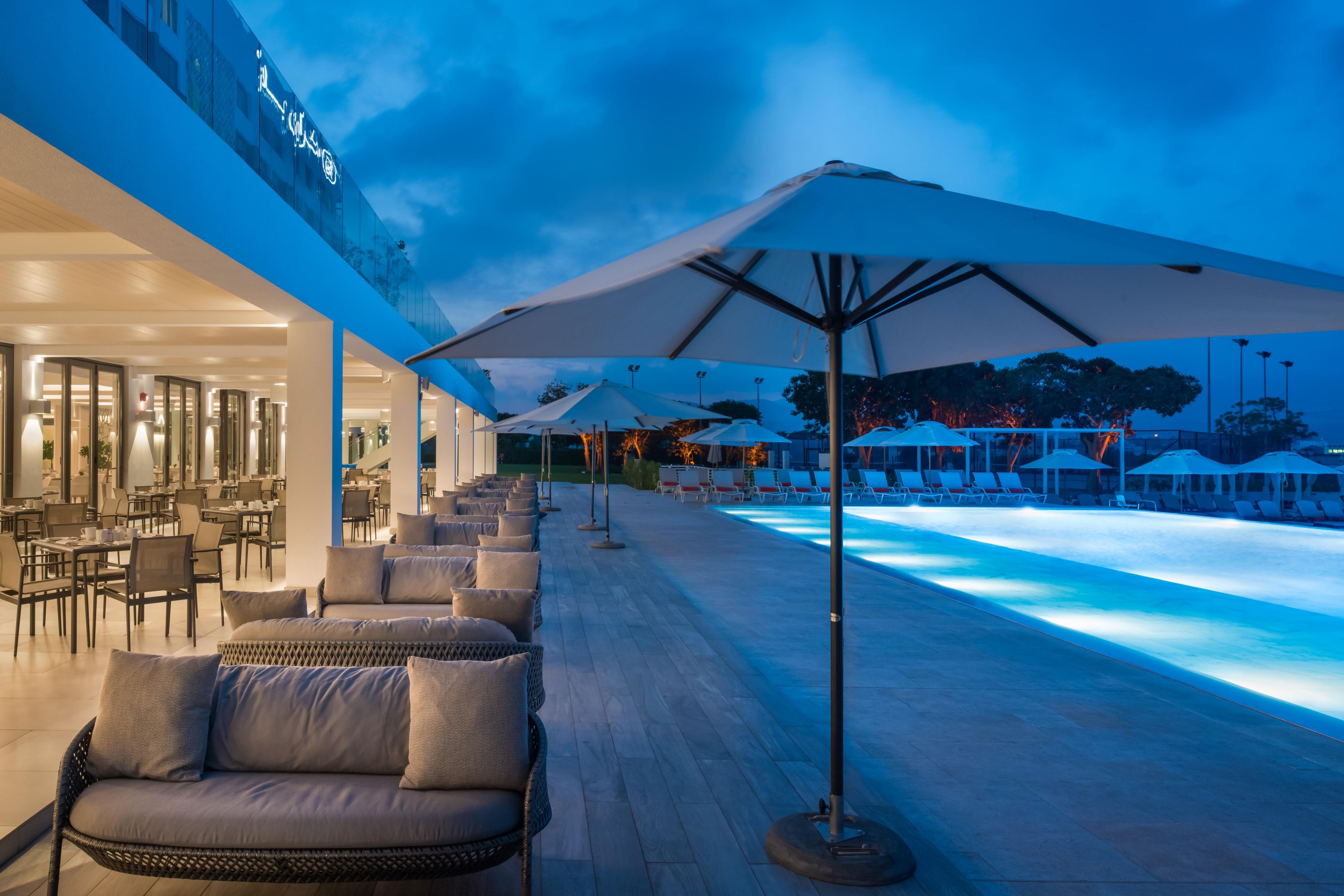Stunning pool side terrace in the evening