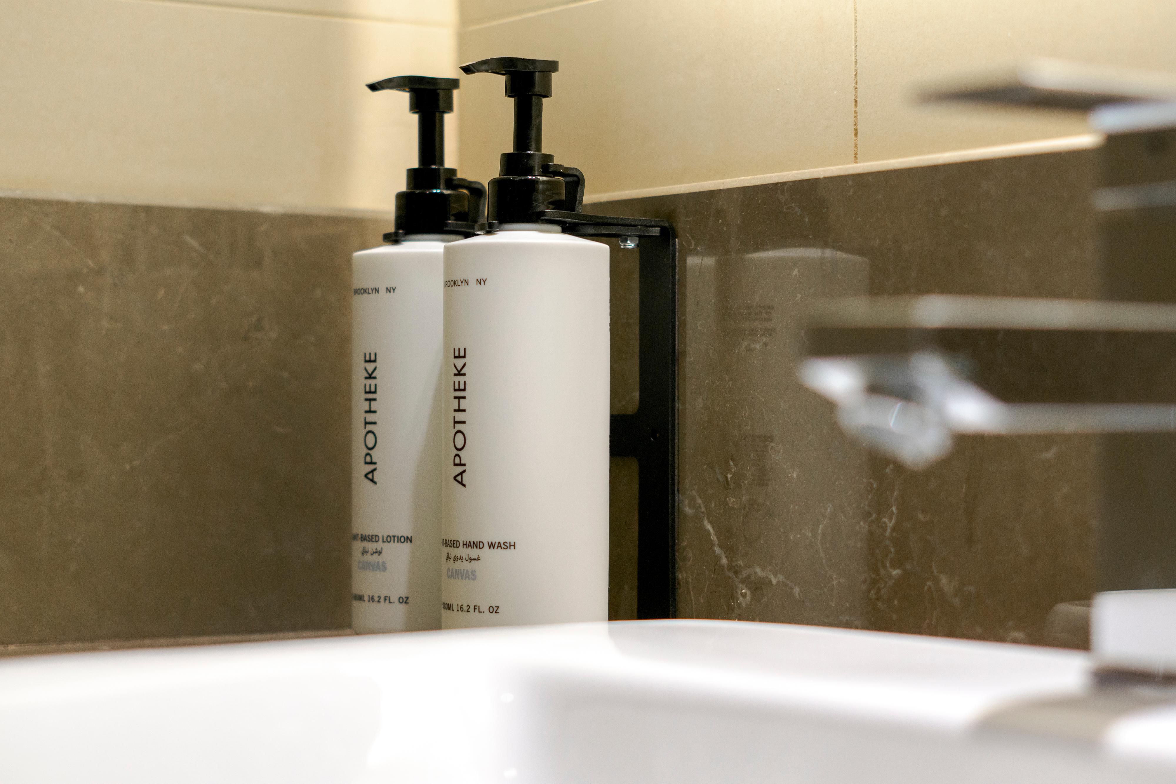 Apotheke hand wash and lotion amenities in every guest room.