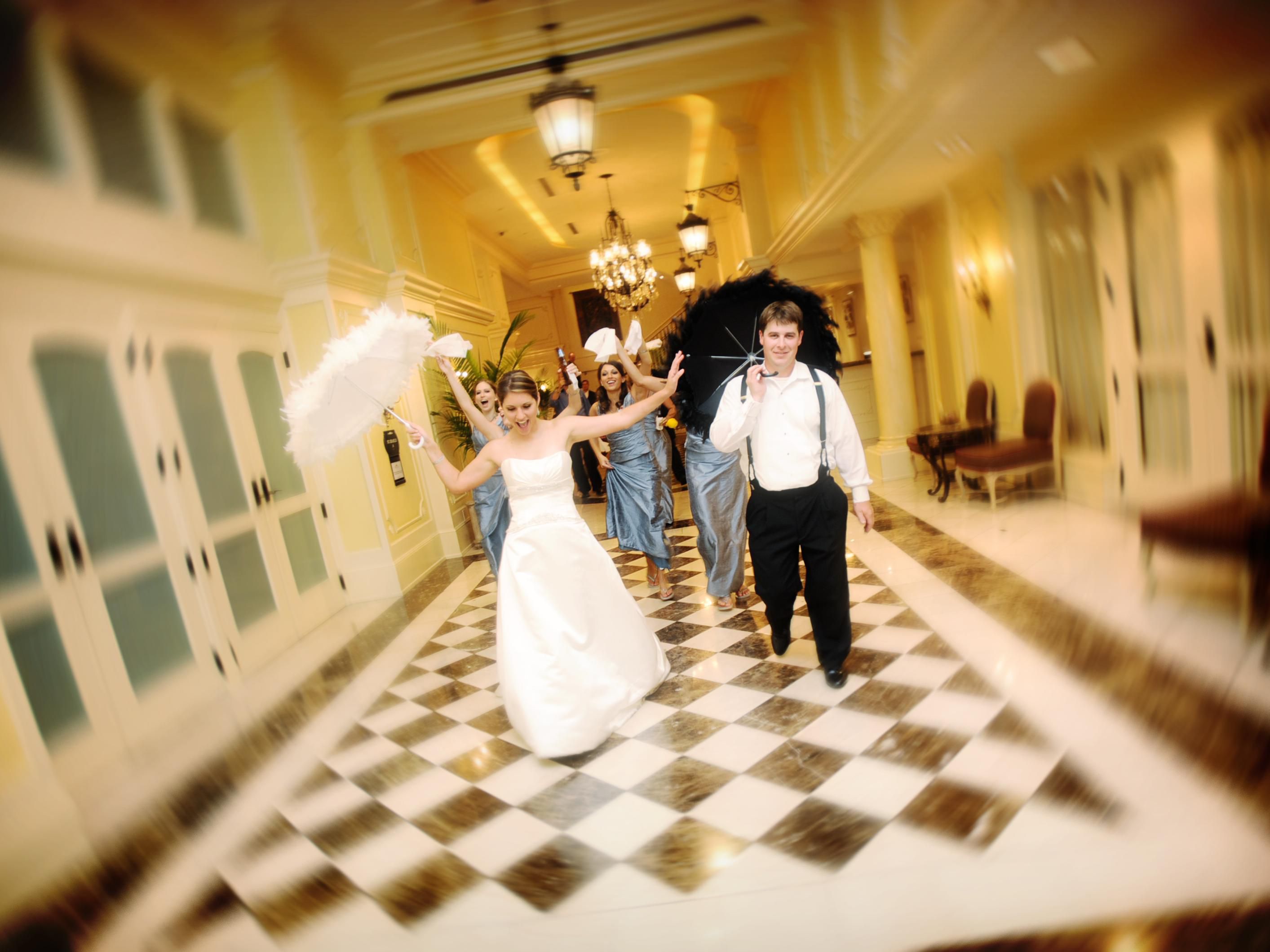 Bride and groom walking out