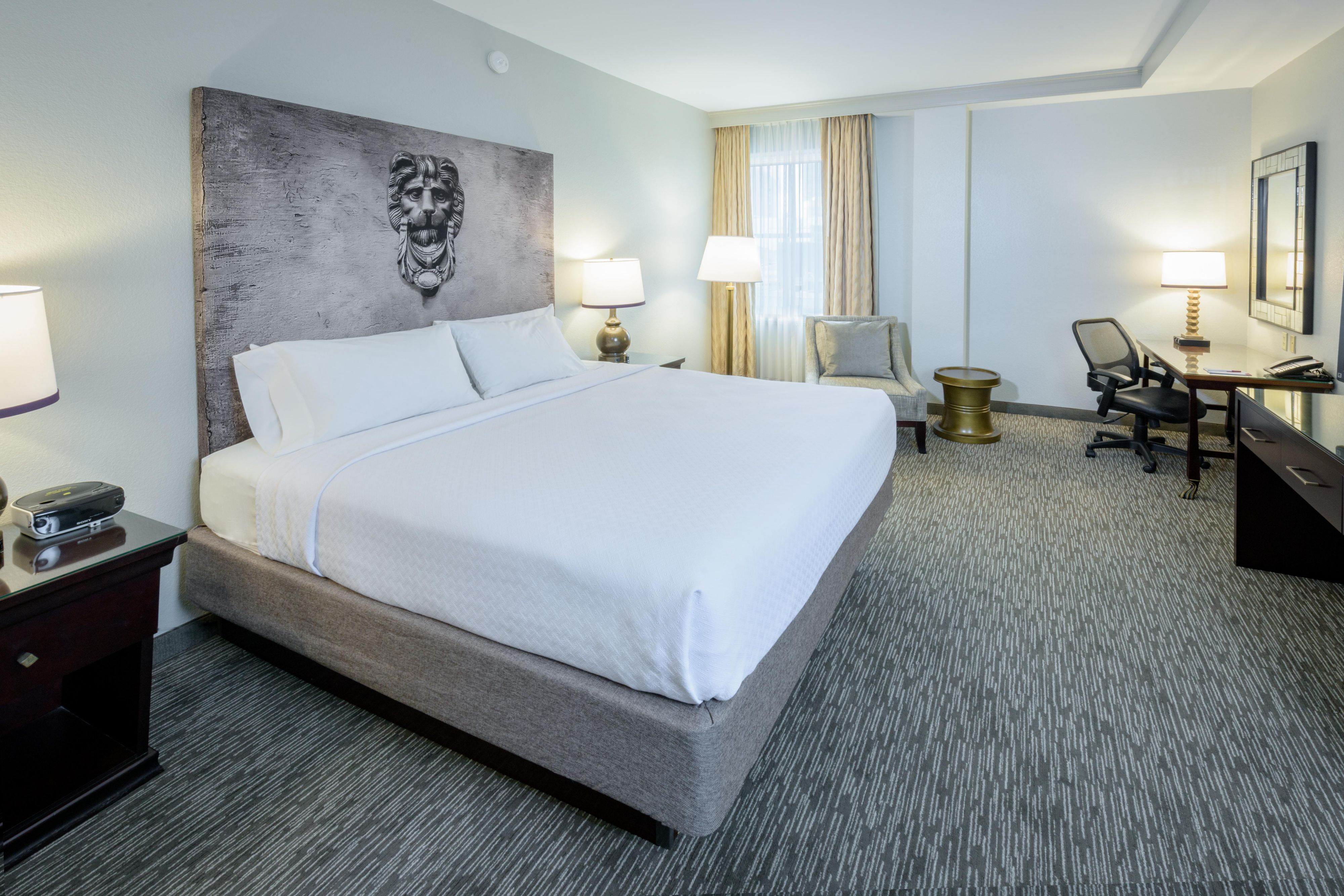 Standard king hotel room.