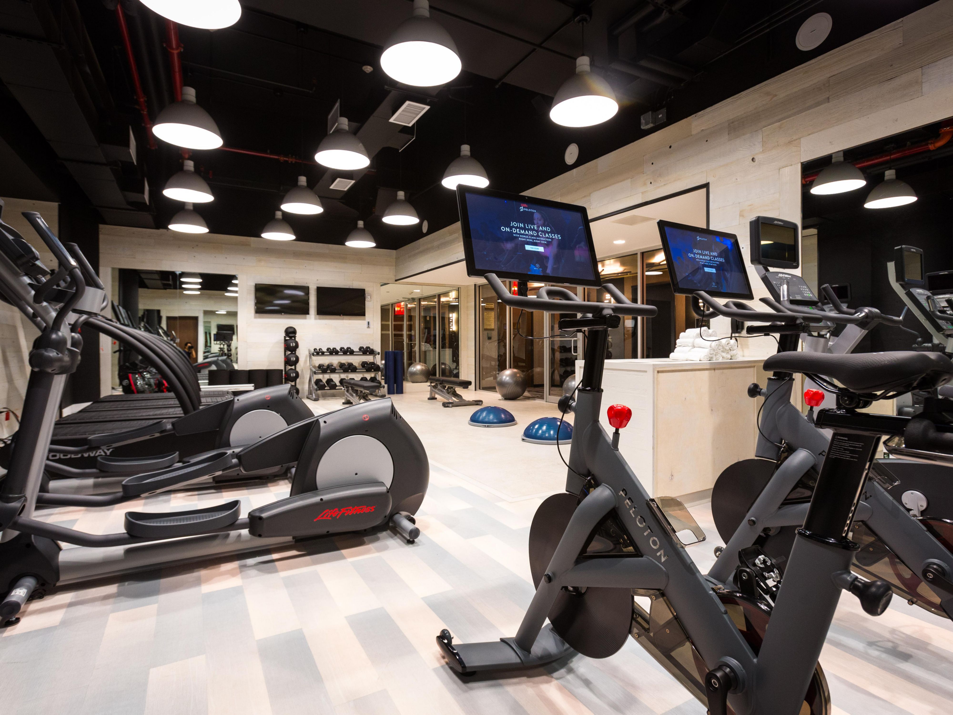 Don't let travel slow you down, our fitness center boasts Peloton Bikes with unlimited live and streaming instructor led classes, Woodway Precor Treadmills for the ultimate running experience, free weights, yoga equipment and much more.  
