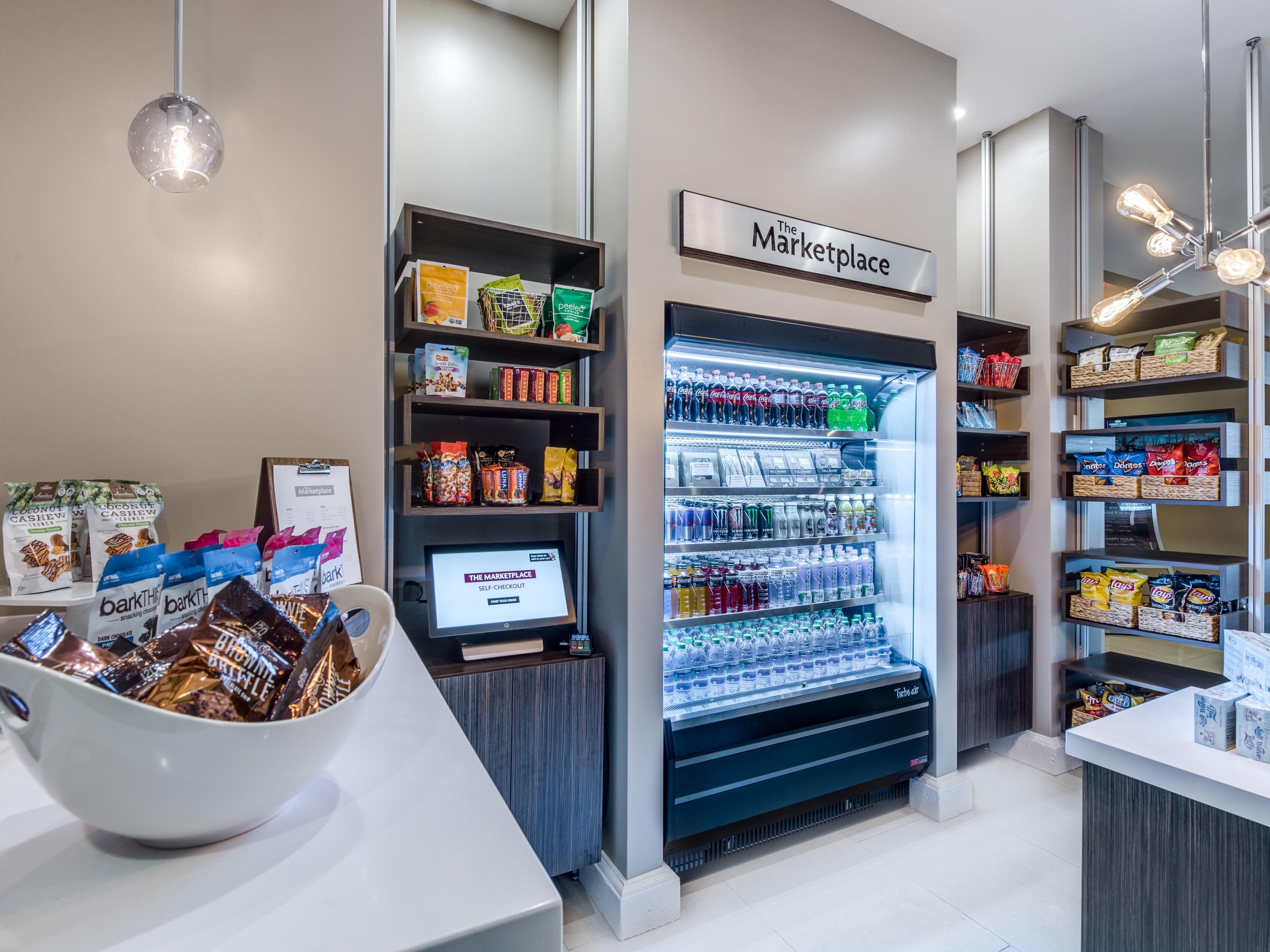 No spare change? Don't worry we don't have vending machines either but we do have The Marketplace. Here you can grab your favorite snacks or beverages and charge it straight to your room or credit card. So snack away 24-hours a day! 