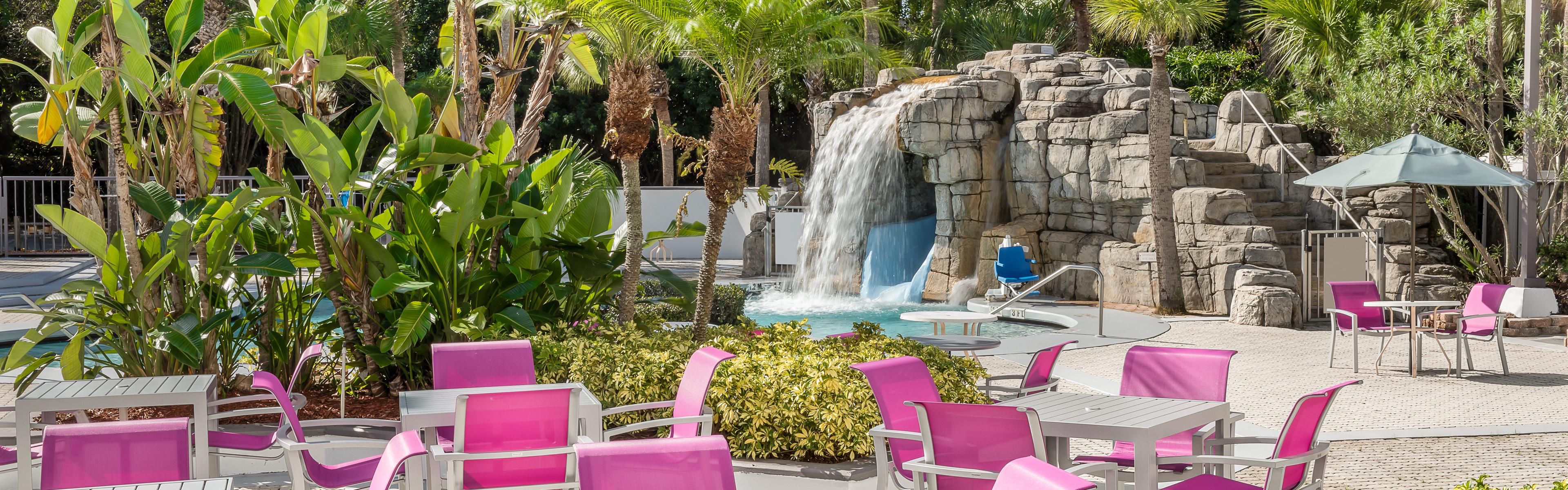 Enjoy views of our pool from our poolside patio 