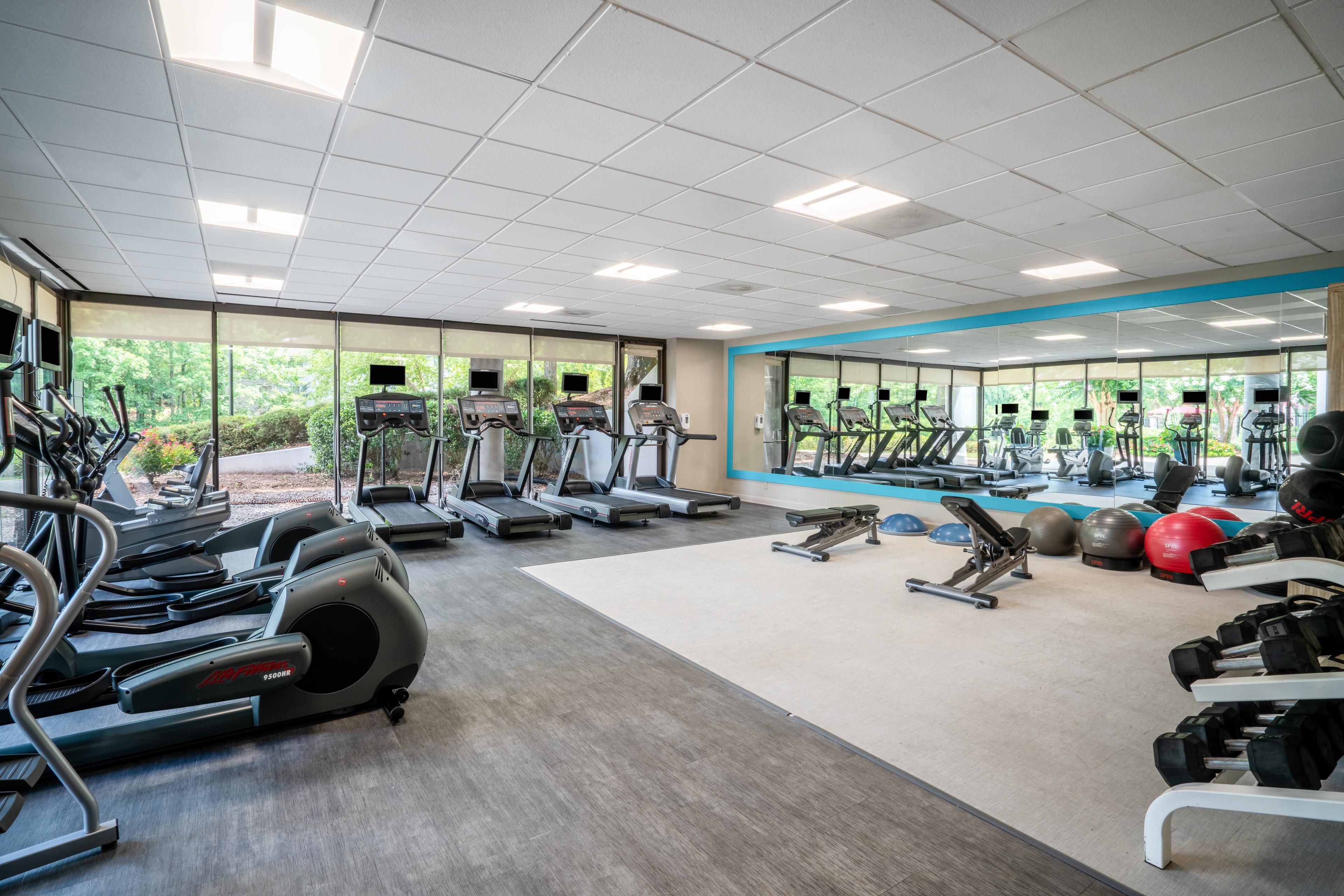 Enjoy working out in our Fitness Center, overlooking the lake.