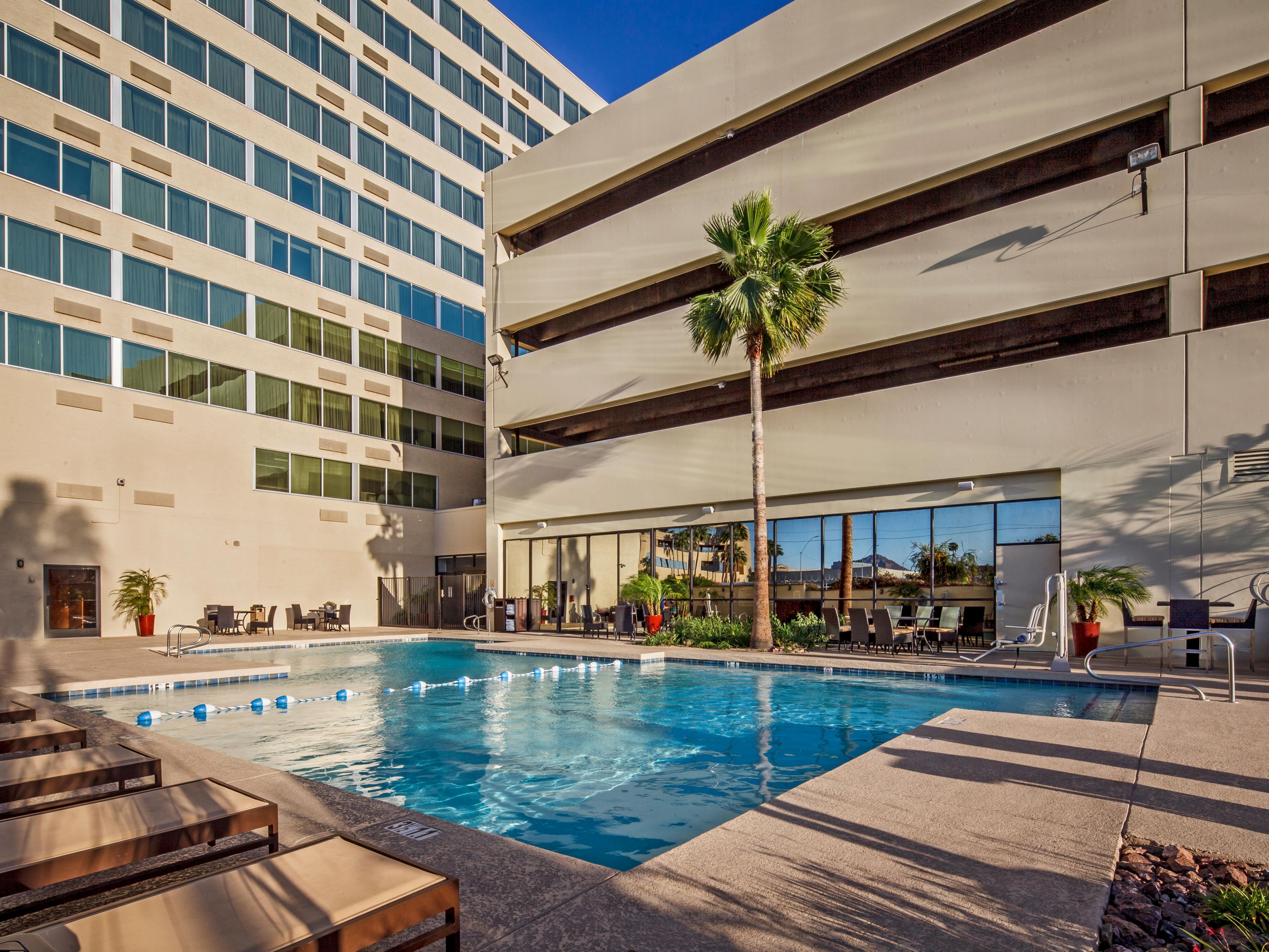 Make a splash in our sparkling, outdoor, heated pool or enjoy a soothing soak in our whirlpool. Take a refreshing dip at the end of the day or a mid-afternoon break poolside in the Arizona sunshine. Surrounded by comfortable lounges, our pool beckons relaxation. The pool is open daily from 6:00 AM – 10:00 PM.
