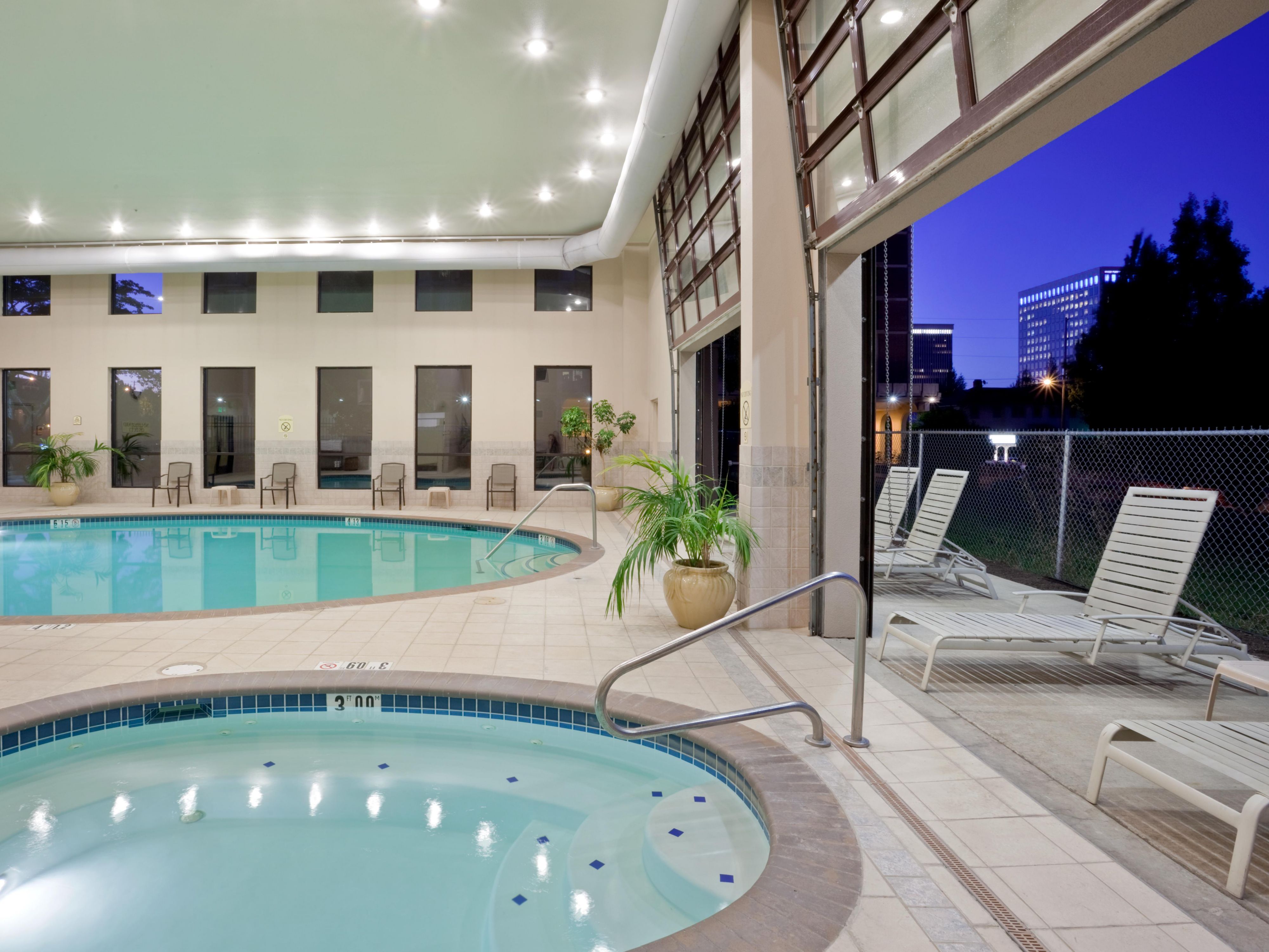 There's no need to set your fitness routine aside just because you're traveling. Our Fitness Center is open 24 hours a day and features cardio machines, free weights, and other workout accessories. Then relax in our indoor saltwater pool and hot tub area, unwind with a good book in the sun deck, or enjoy a friendly game at our outdoor sports court.
