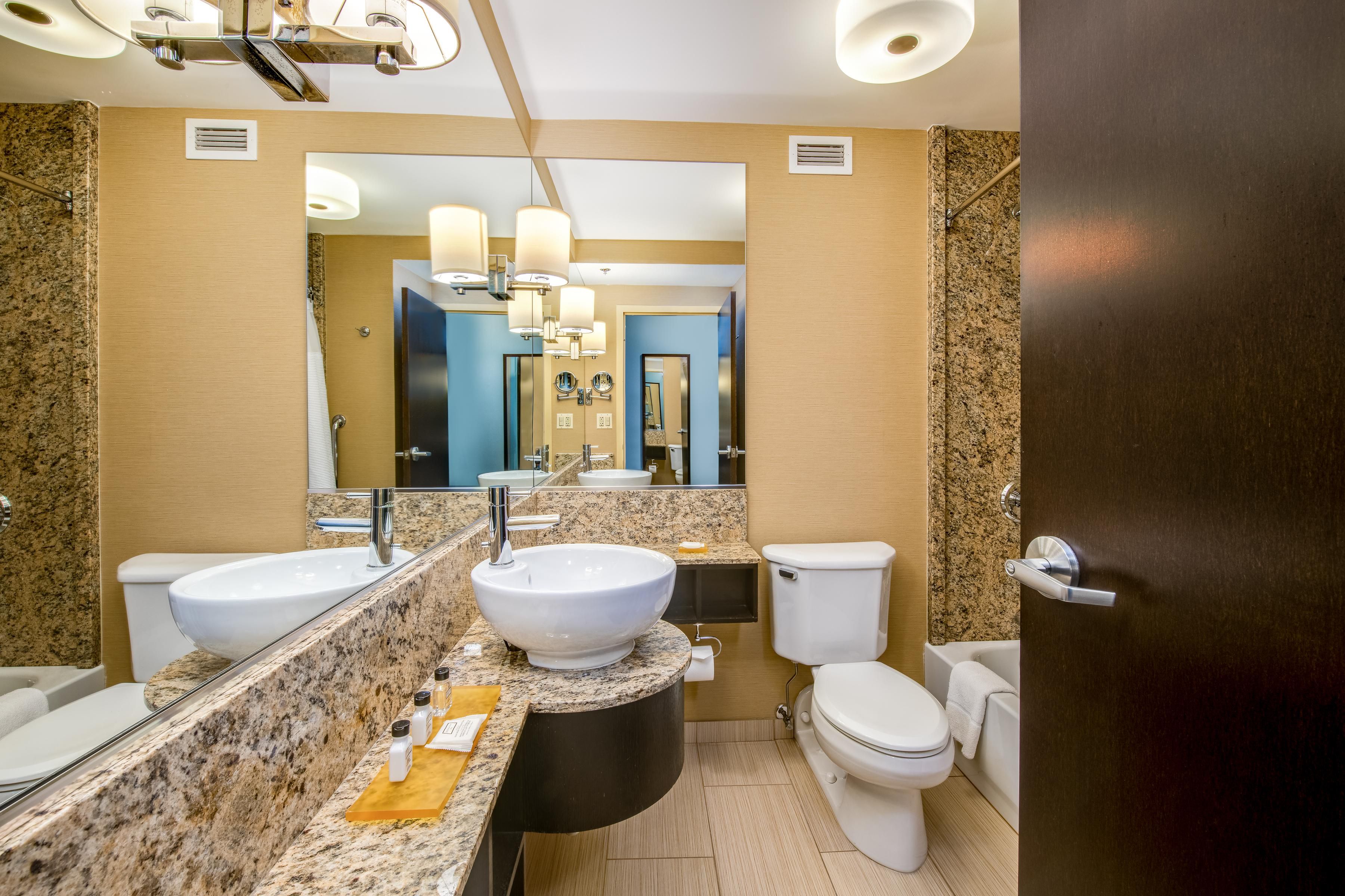 Guest room bathroom with modern amenities