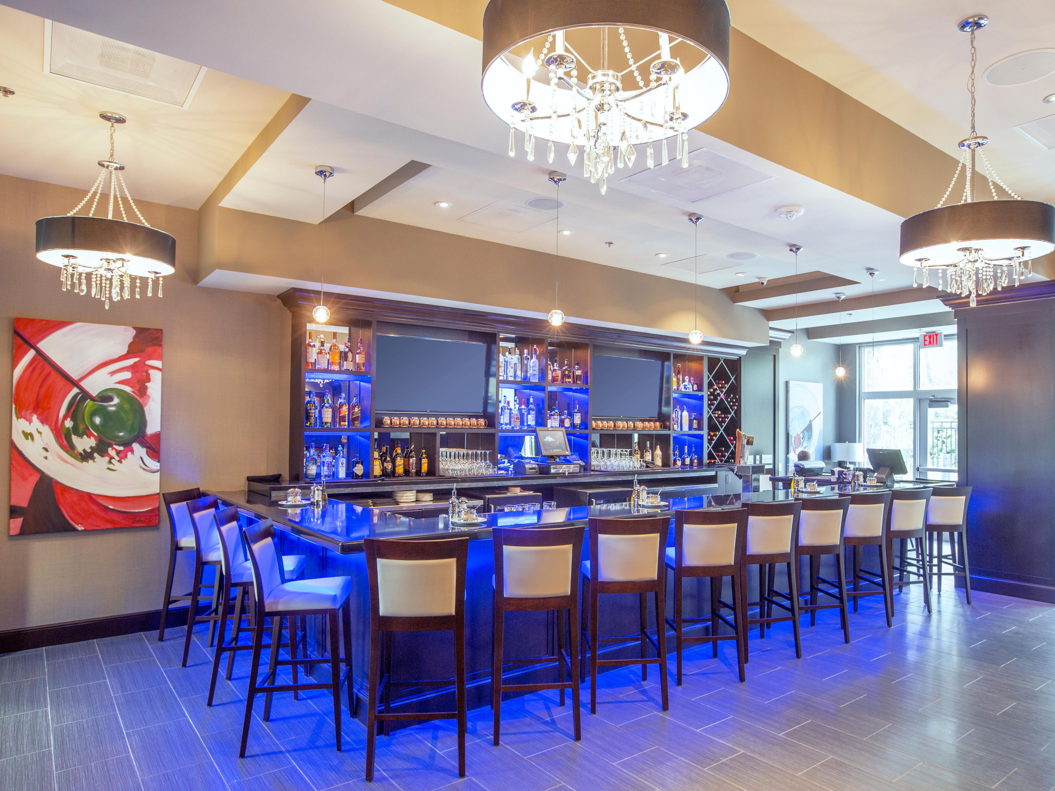 Vibrant Blue Bar at Crowne Plaza Shenandoah Woodlands area, Texas.