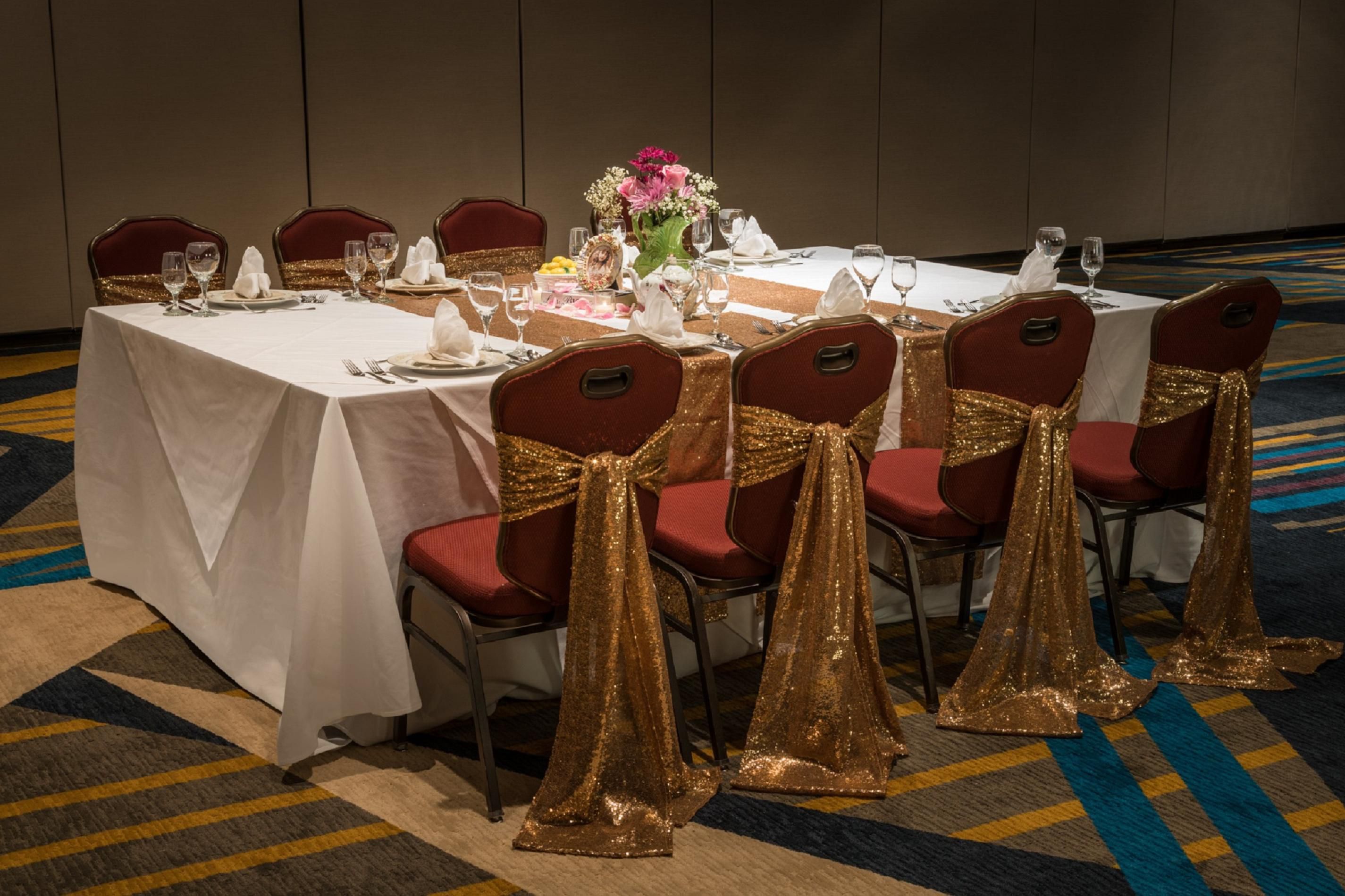 A wedding classic banquet set in the ballroom at the Crowne Plaza.