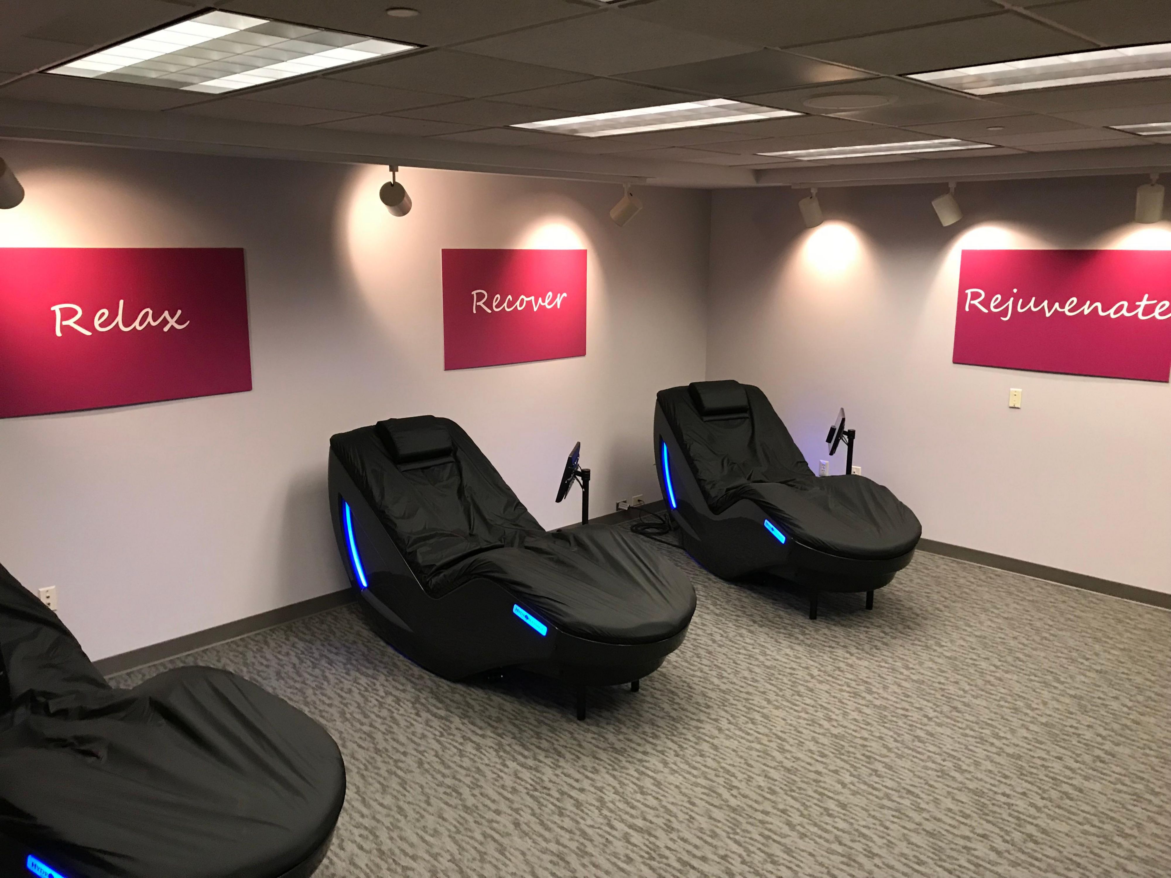 Relax, Recover, and Rejuvenate in our first floor lounge.  HydroMassage is a true innovation in relaxation.  The HydroMassage touchscreens allows for personalized and real=time adjustment of all massages while offering a multimedia content library to enhance the massage experience.  