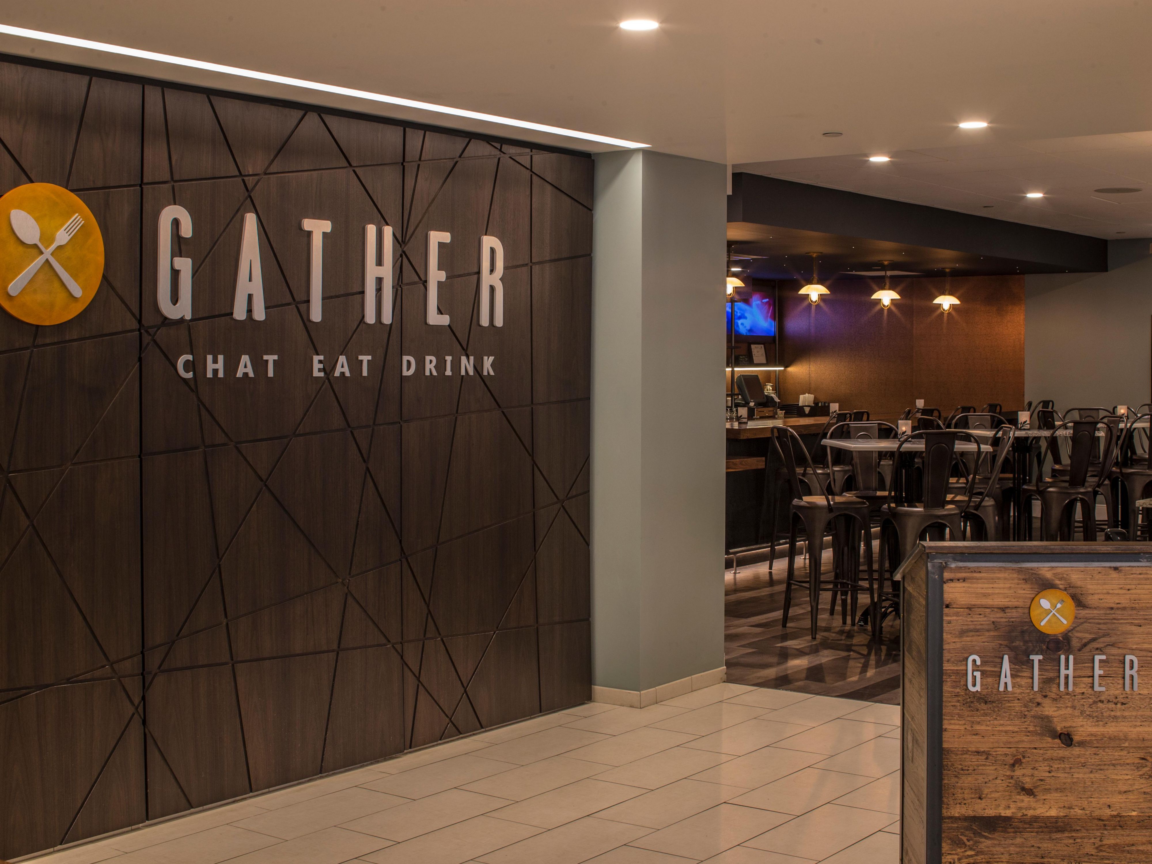 Gather Restaurant and Bar open for breakfast 6:30 AM through 11 AM daily. Join us evenings in the bar for food and our IHG World Class Beverage drink menu.