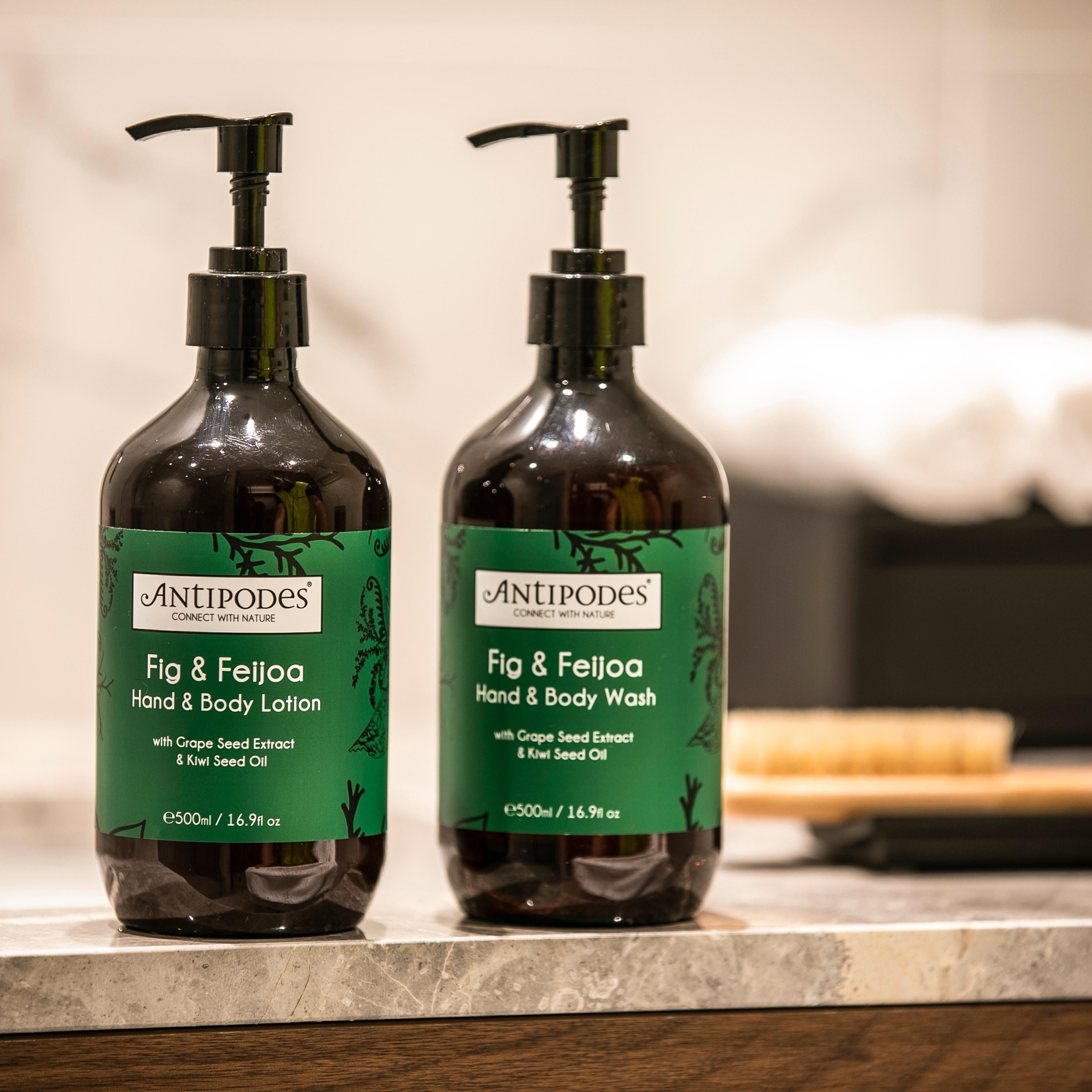 Guest bathrooms replete with bespoke organic Antipodes amenities 
