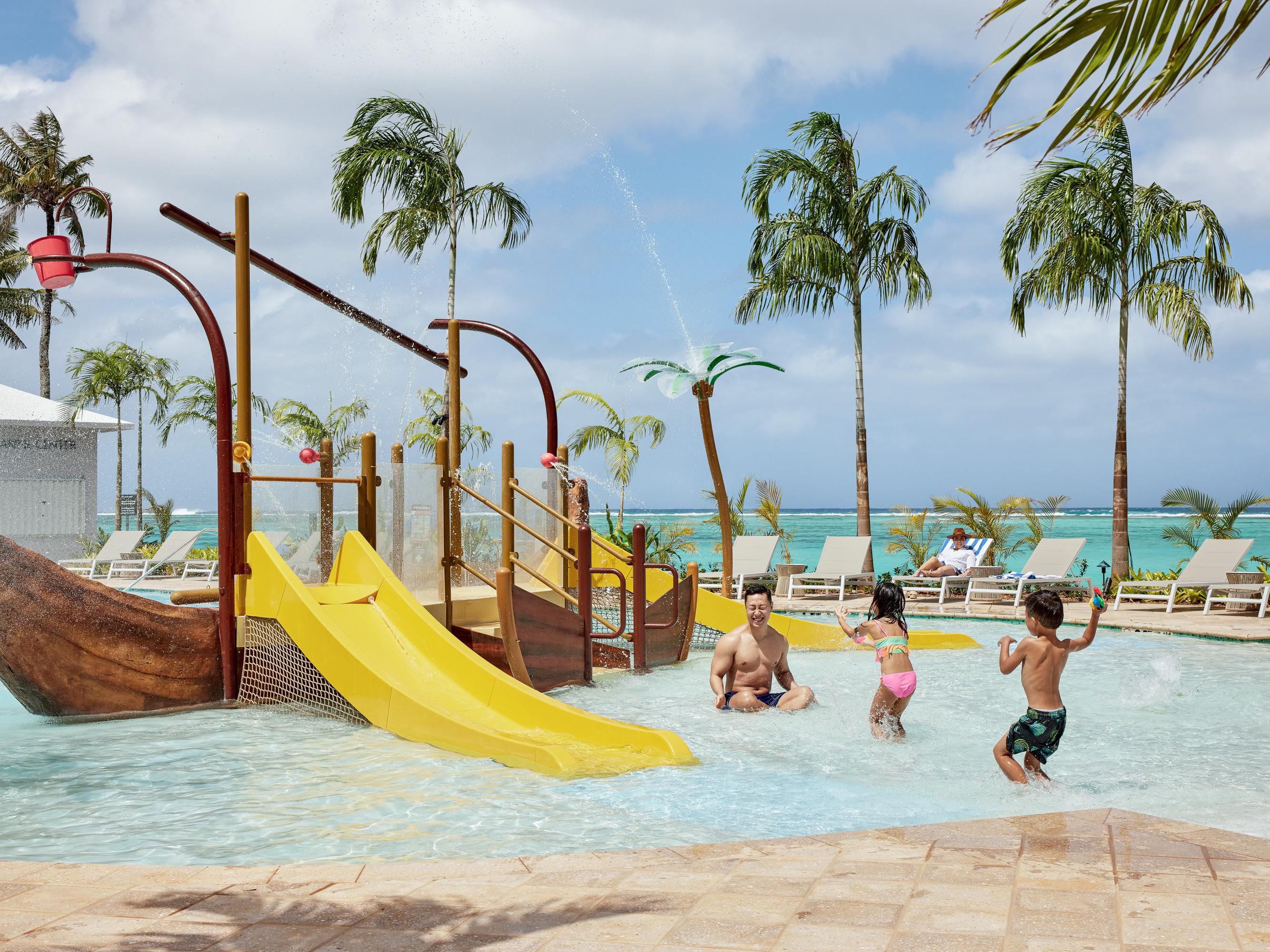 Keep the kids entertained and safe at our indoor playground. Inspired by the blue ocean and sky of Guam and classic wooden decor, this playroom features activities to offer our young guests a fun and enriching experience in a modern and stylish setting during all seasons.