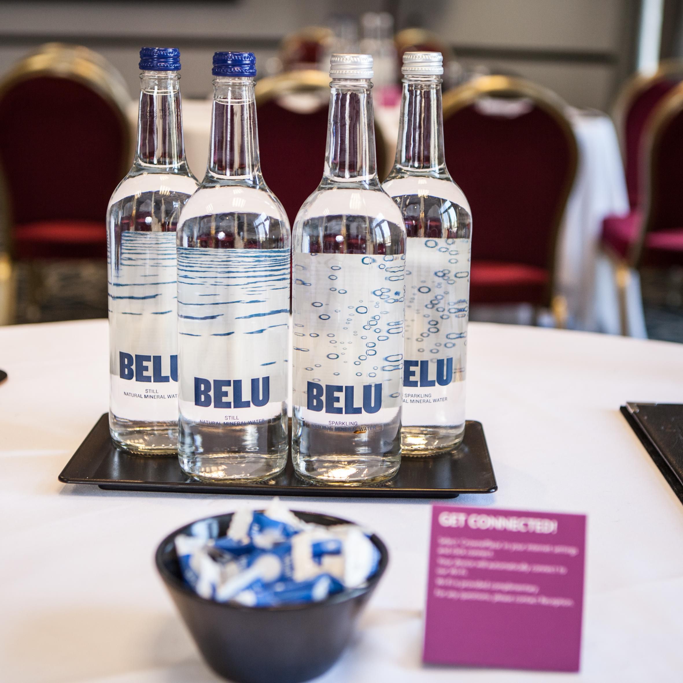 Bottled water for guests in meeting rooms