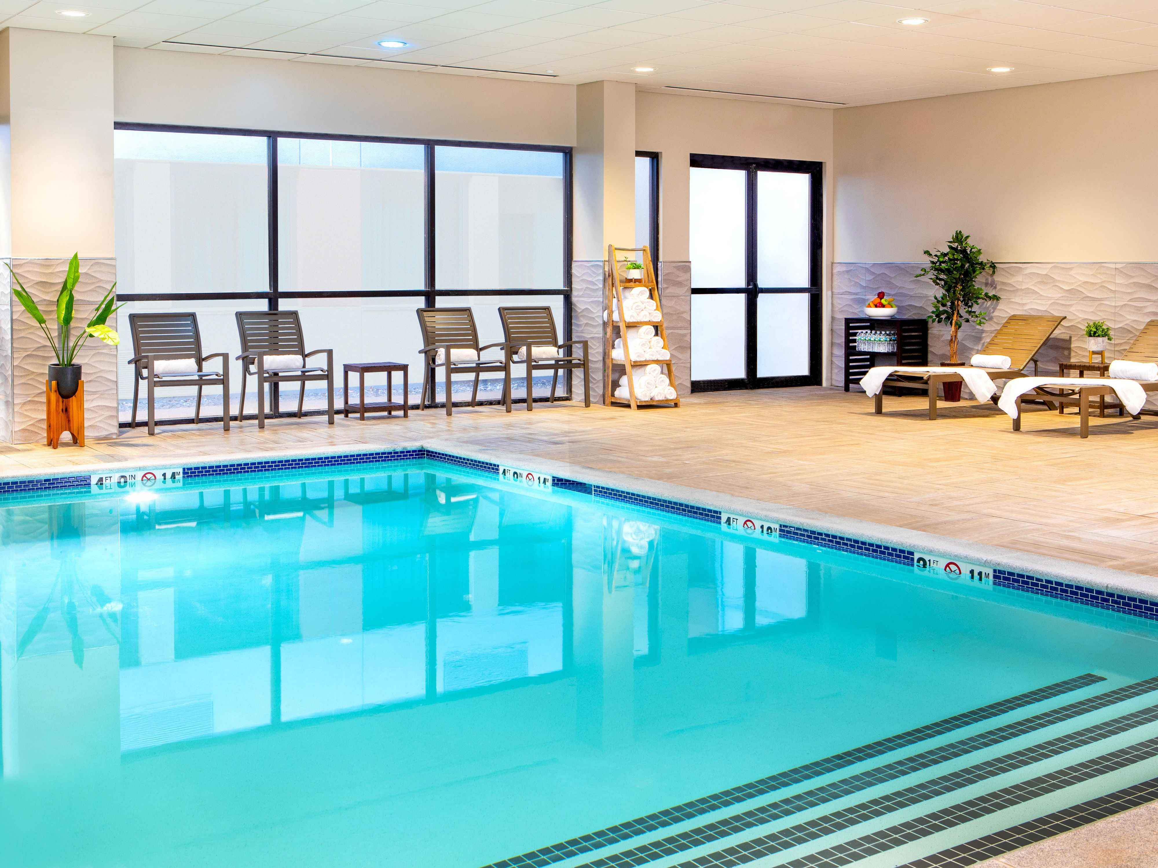The indoor Saline Salt Filtration Heated pool is open daily and the perfect place to relax after a long day at work or out exploring in Boston. Currently, to ensure the health and safety of guests and staff, pool time must be reserved in person at the front desk.