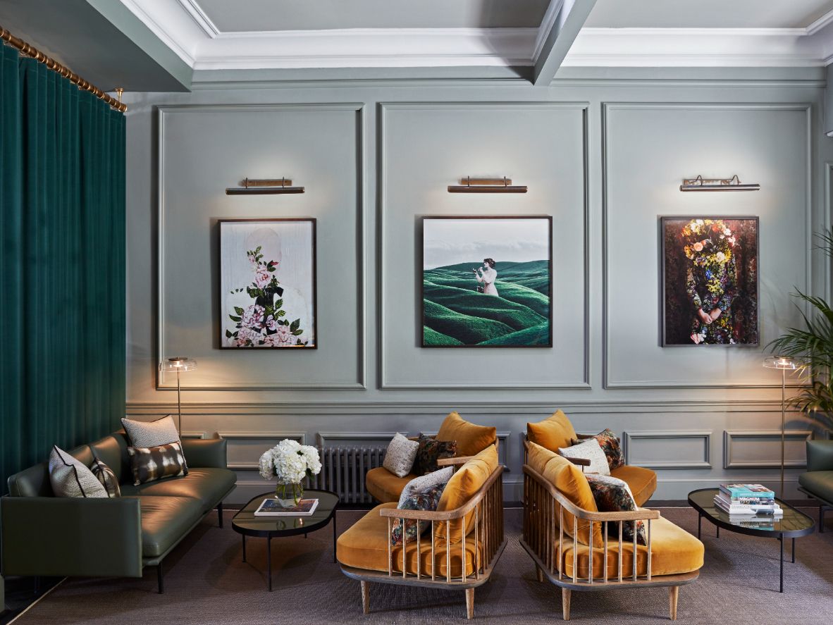 Hotel lobby with paintings