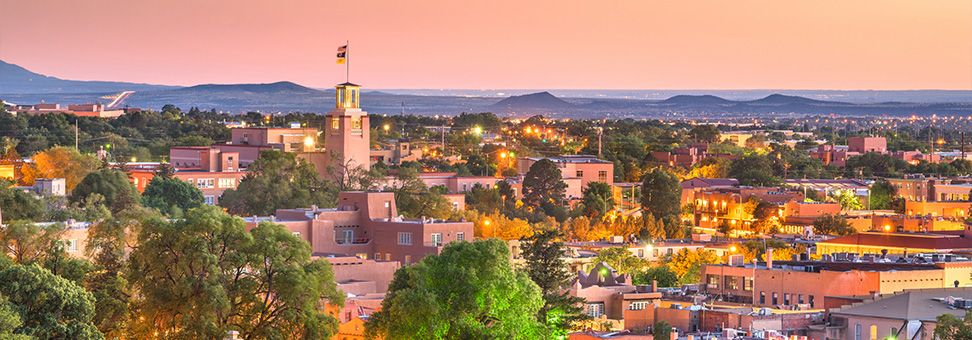 View of downtown Santa Fe at sunset