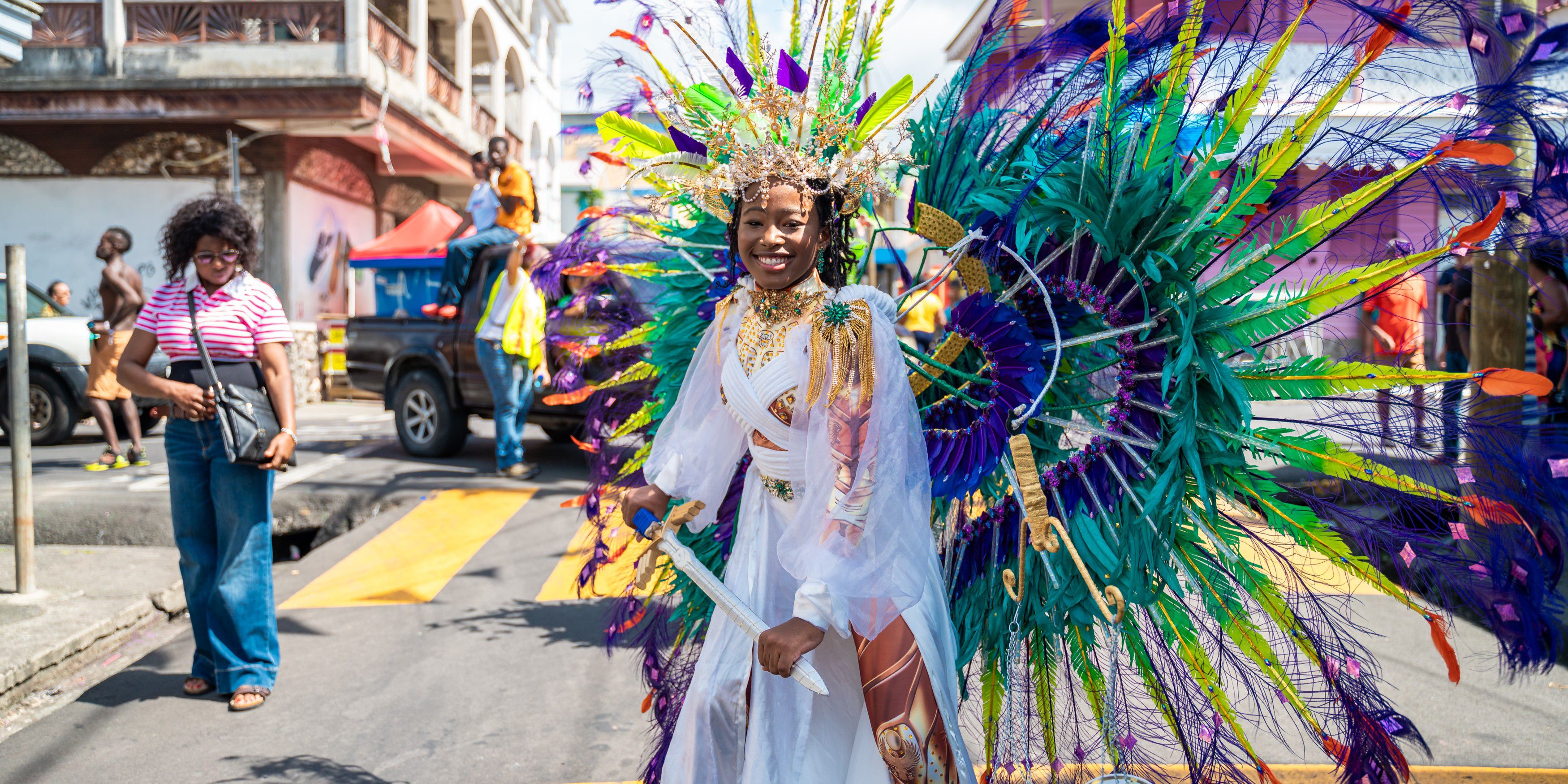 Woman dressed up with feather costume at carnival