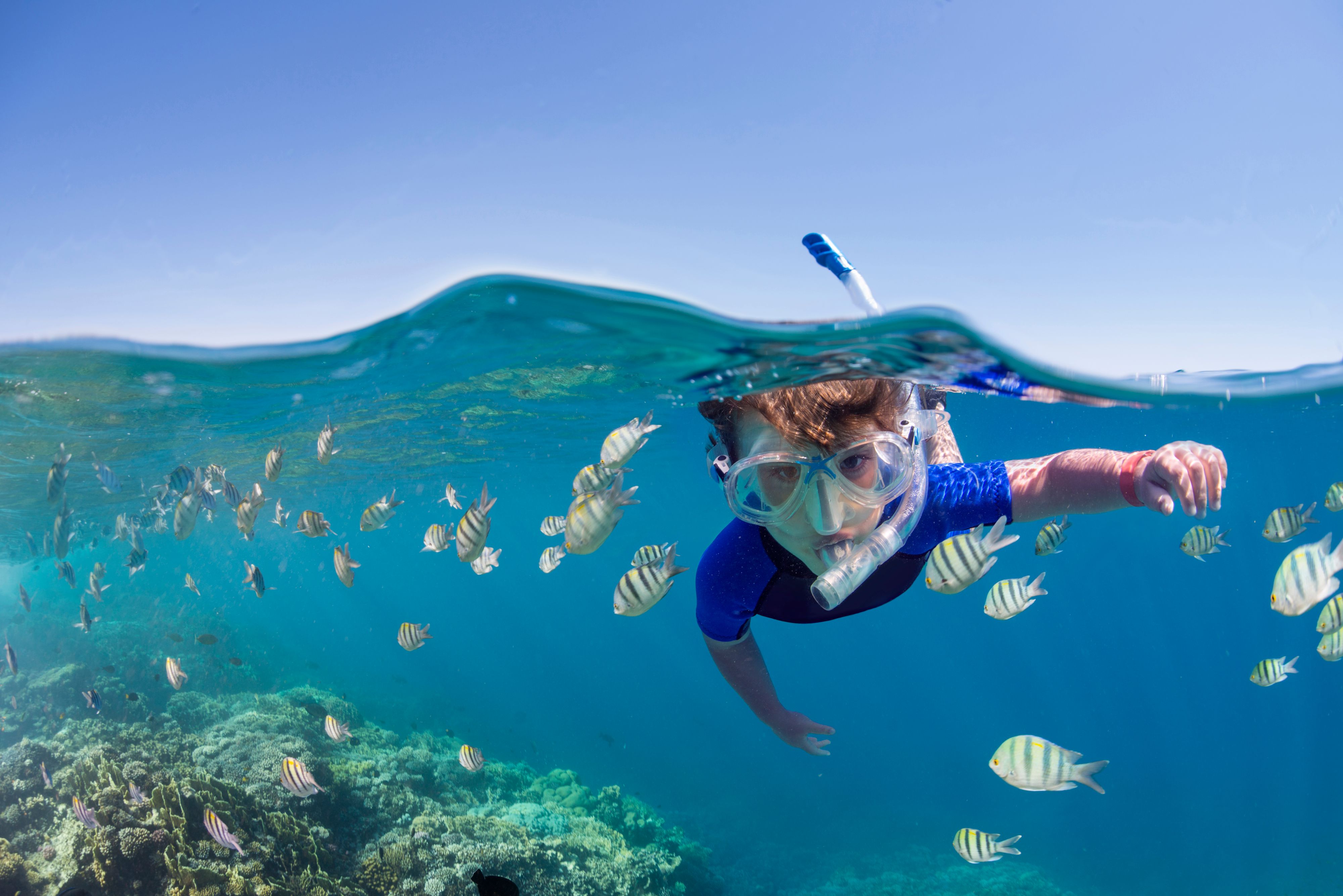 child snorkeling in ocean