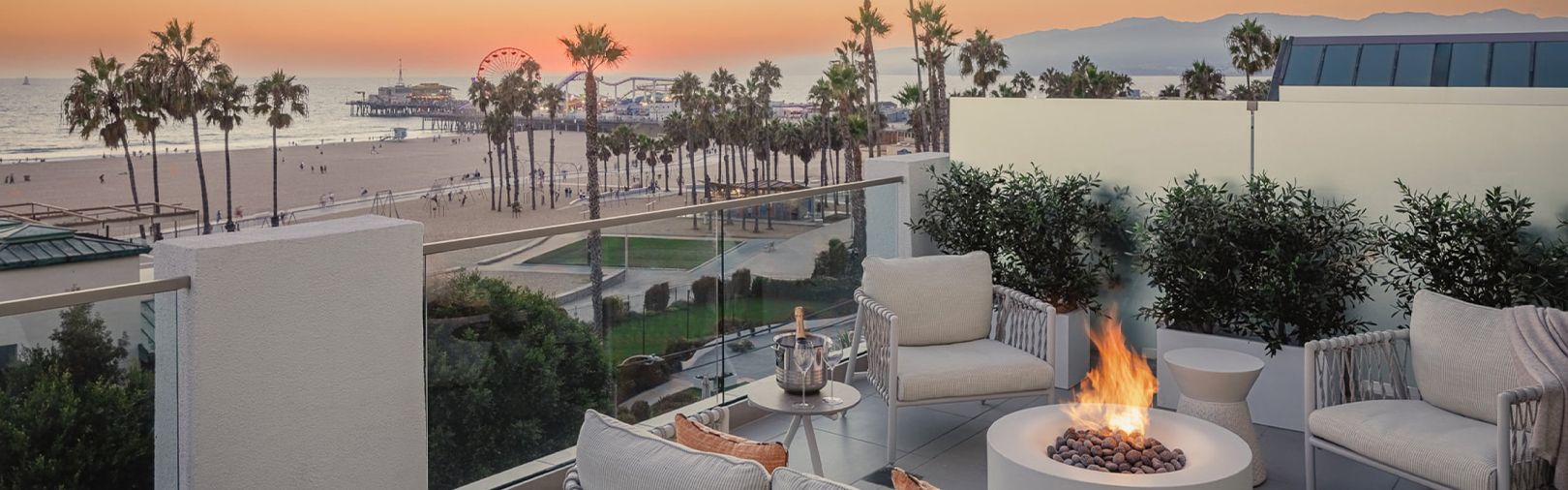 Beachfront terrace at Regent Santa Monica at sunset