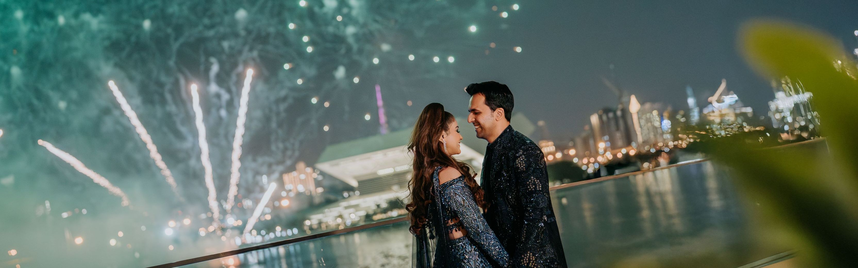 Watching fireworks after wedding. 